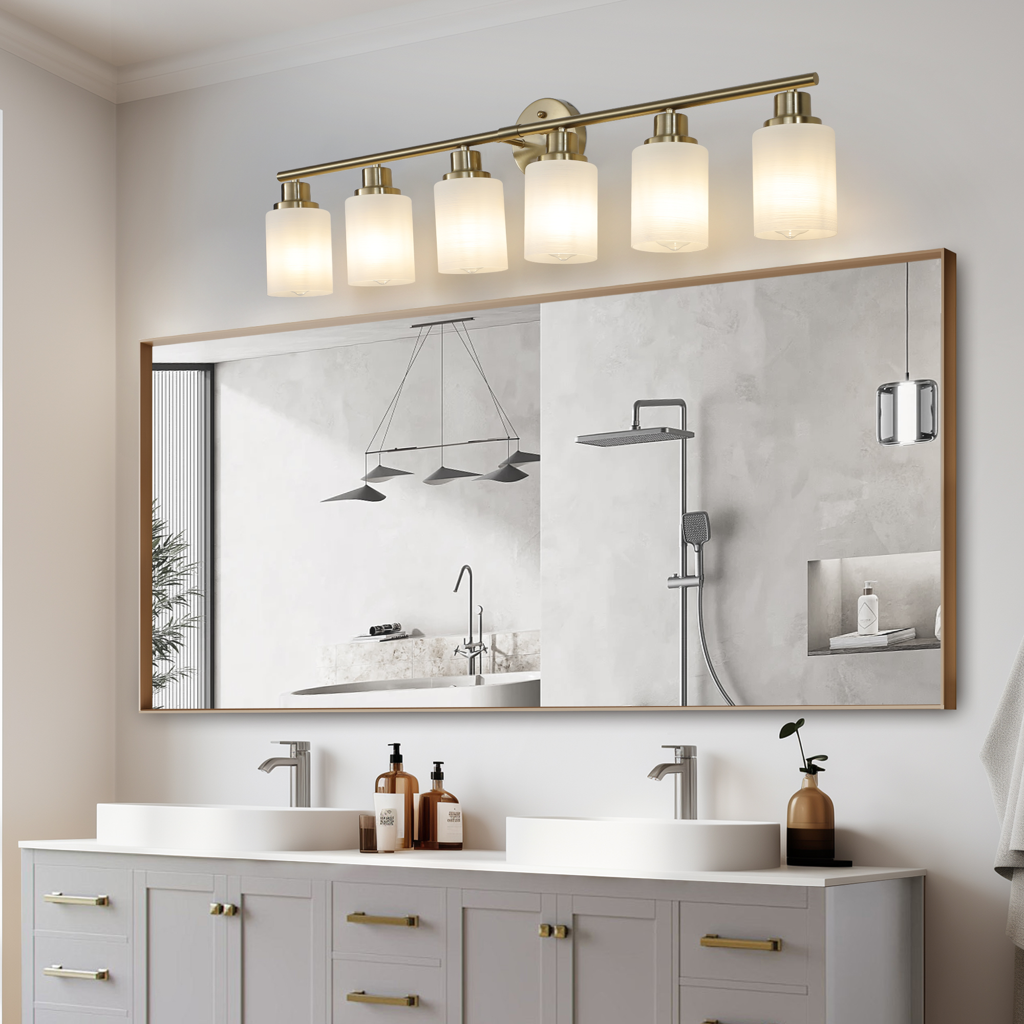 39" Modern 6-Light Vanity Wall Sconce, Golden Finish with Frosted Glass Shades for Bathroom or Hallway Lighting (No Bulbs) - Image 4
