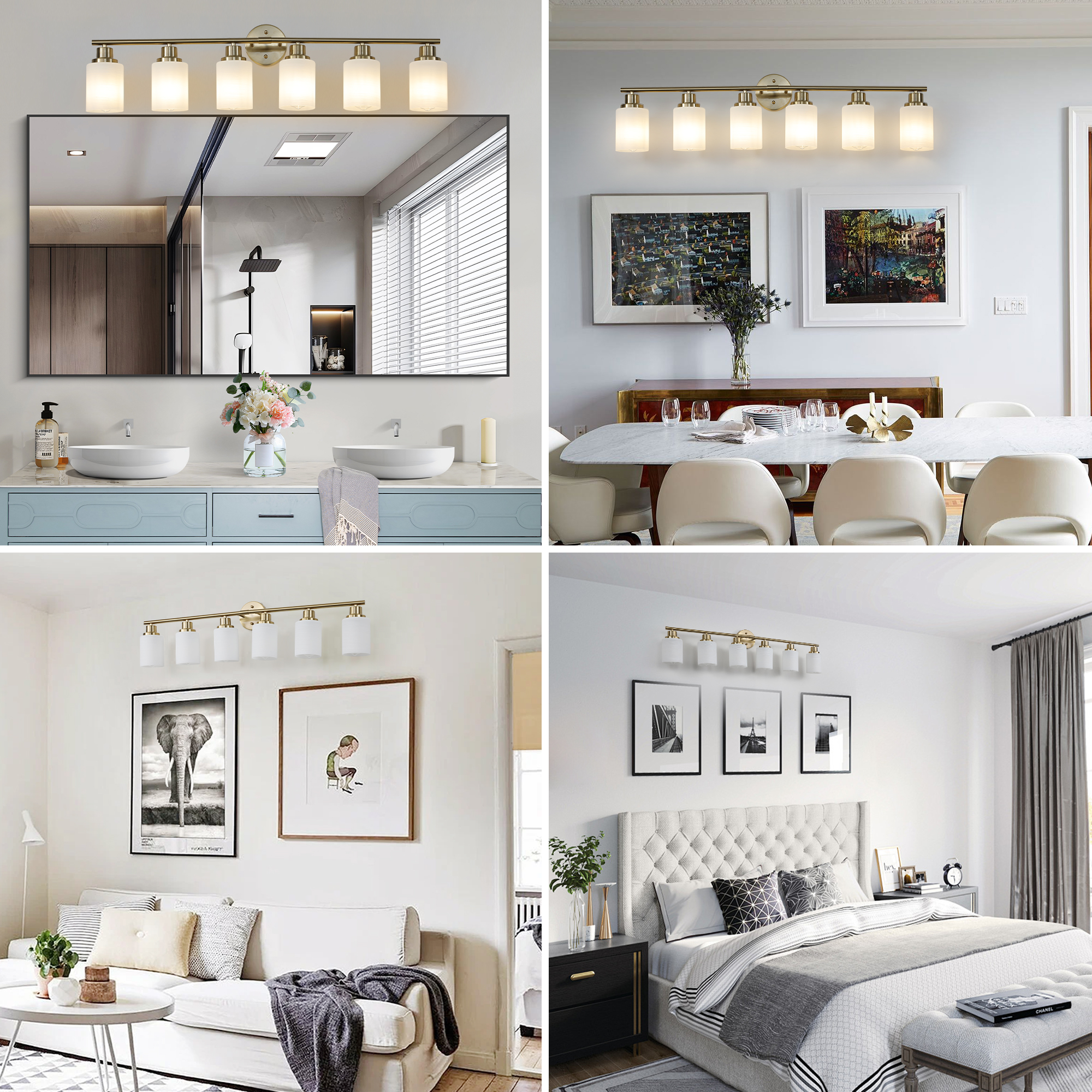 39" Modern 6-Light Vanity Wall Sconce, Golden Finish with Frosted Glass Shades for Bathroom or Hallway Lighting (No Bulbs) - Image 5