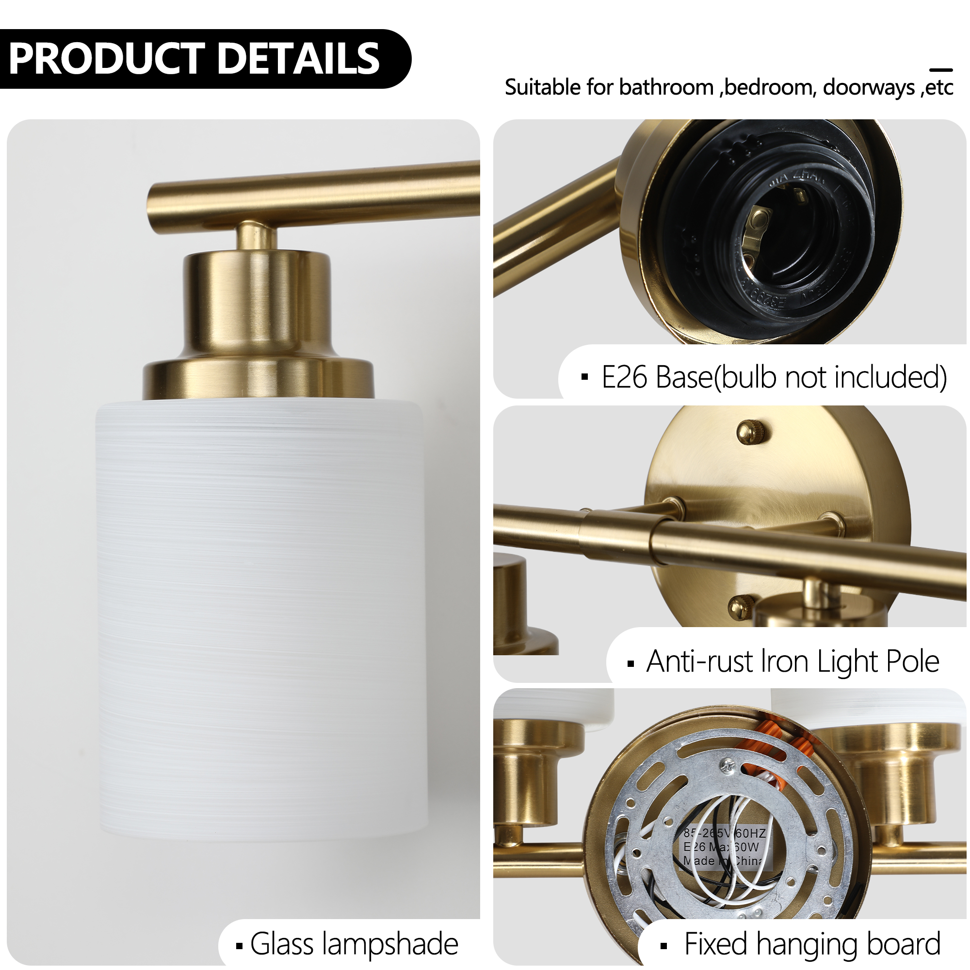 39" Modern 6-Light Vanity Wall Sconce, Golden Finish with Frosted Glass Shades for Bathroom or Hallway Lighting (No Bulbs) - Image 6