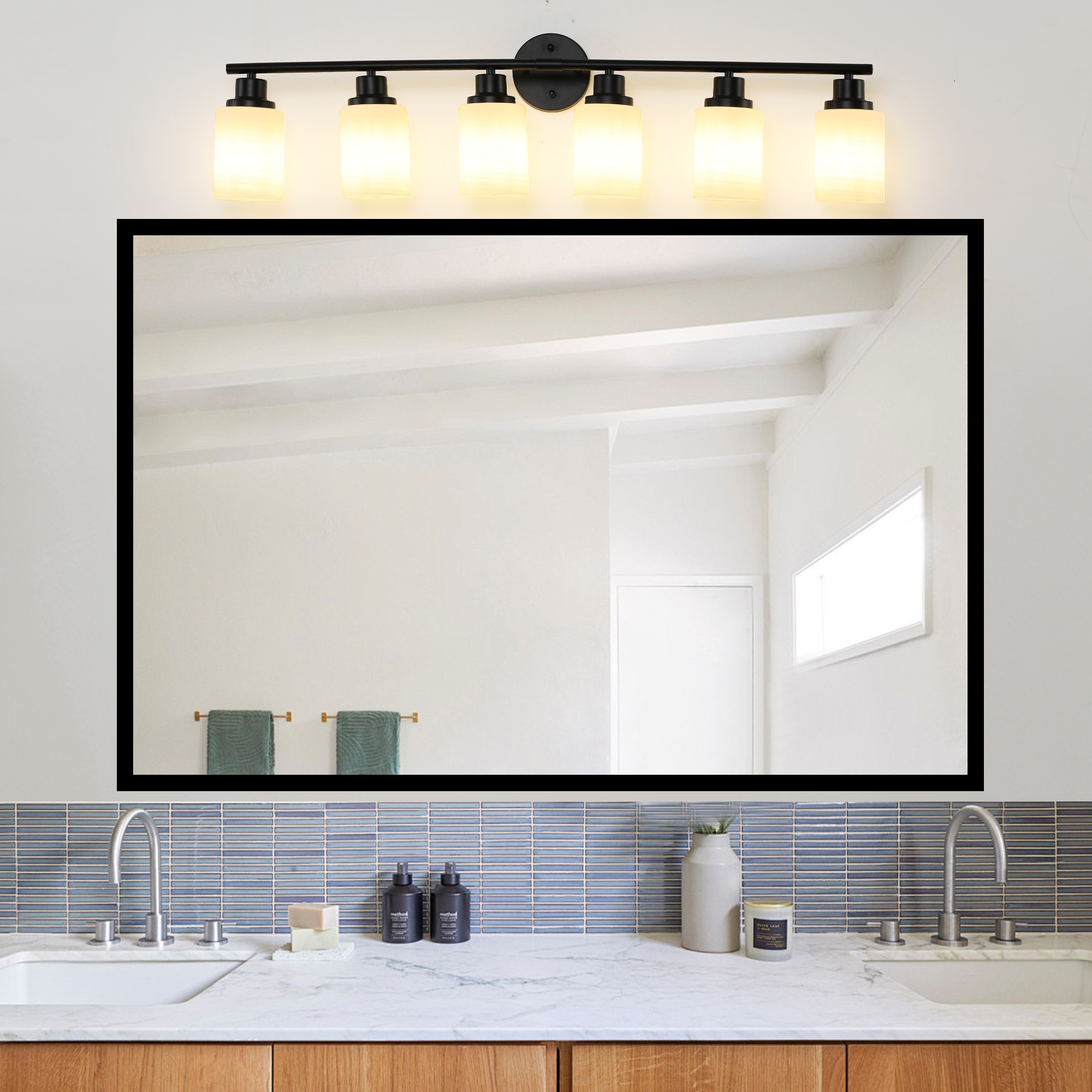 39" Modern 6-Light Vanity Bathroom Mirror Light, Frosted White Glass with Black Iron Frame, Contemporary Wall Sconce for Bedroom, Bathroom, and Dressing Room (No Bulbs) - Image 2