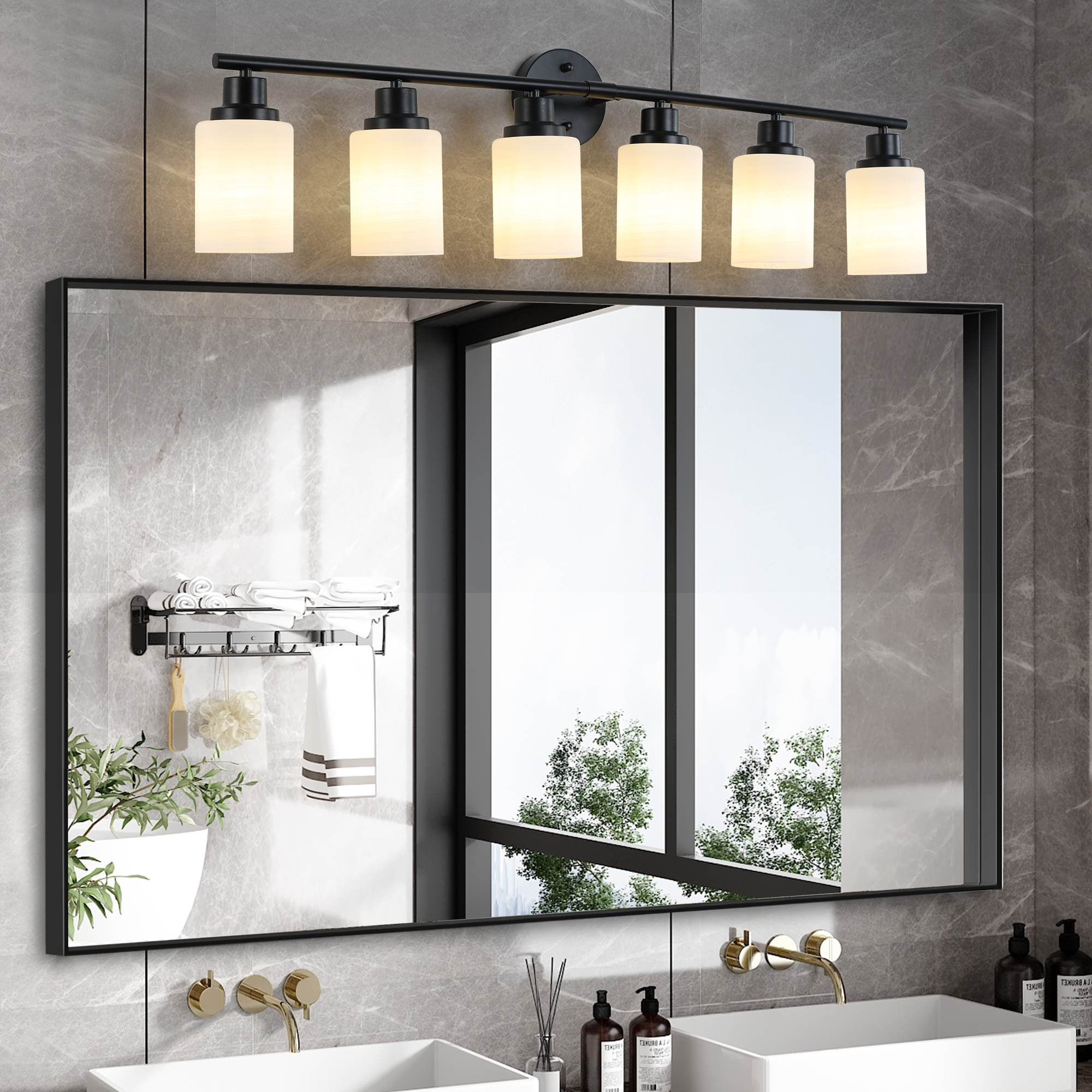 39" Modern 6-Light Vanity Bathroom Mirror Light, Frosted White Glass with Black Iron Frame, Contemporary Wall Sconce for Bedroom, Bathroom, and Dressing Room (No Bulbs) - Image 3