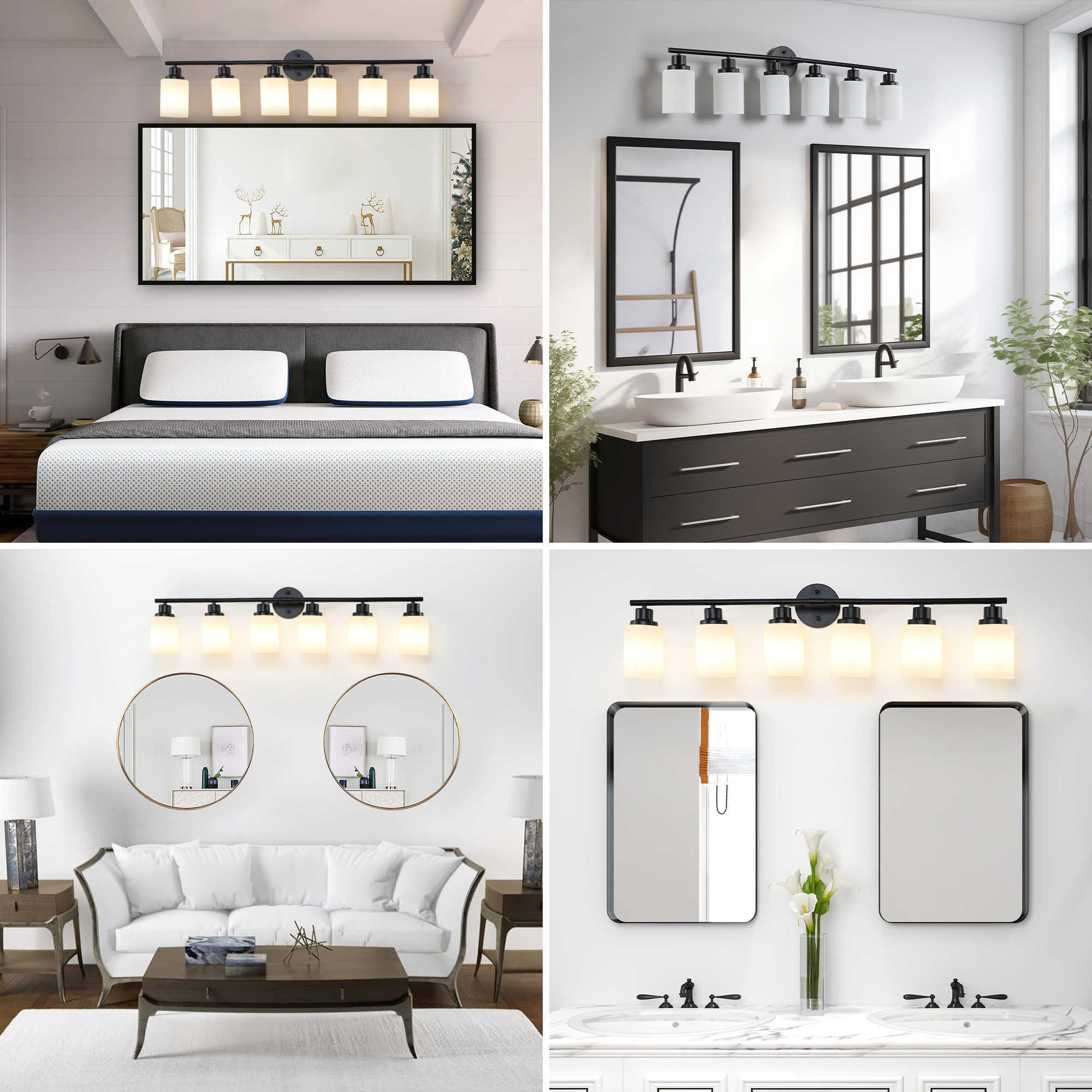 39" Modern 6-Light Vanity Bathroom Mirror Light, Frosted White Glass with Black Iron Frame, Contemporary Wall Sconce for Bedroom, Bathroom, and Dressing Room (No Bulbs) - Image 5