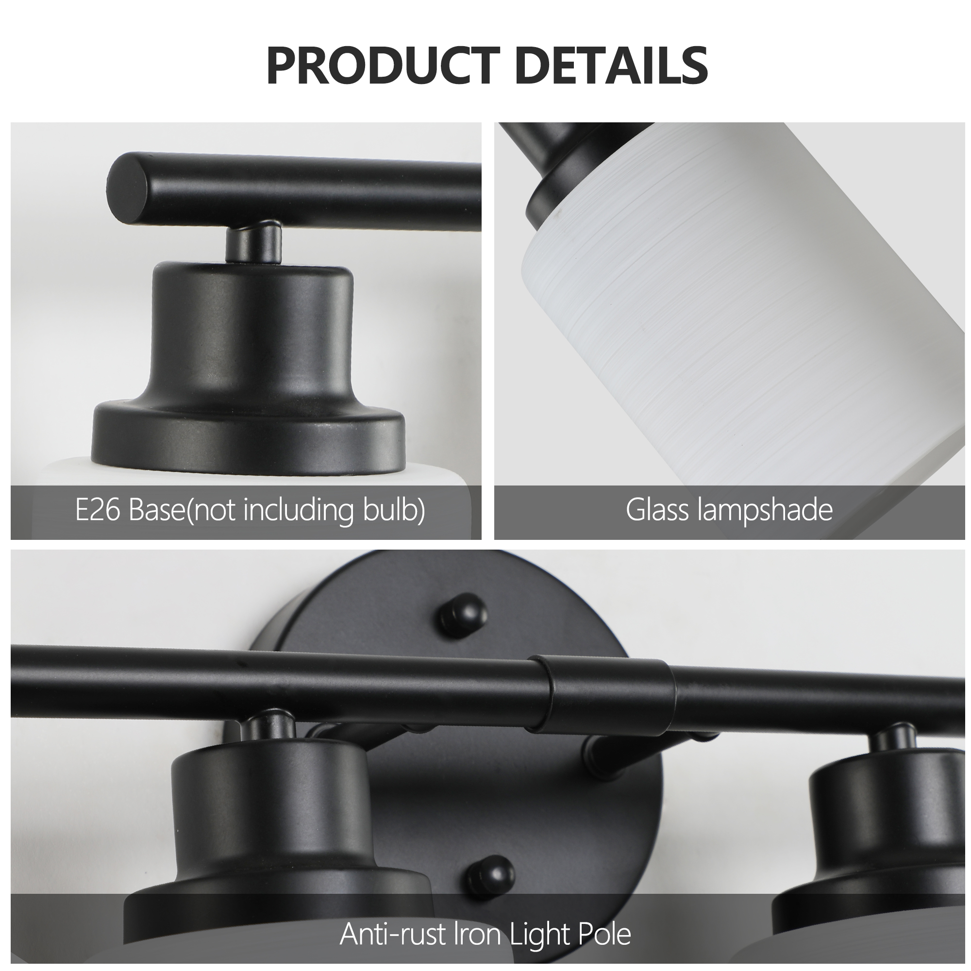 39" Modern 6-Light Vanity Bathroom Mirror Light, Frosted White Glass with Black Iron Frame, Contemporary Wall Sconce for Bedroom, Bathroom, and Dressing Room (No Bulbs) - Image 6