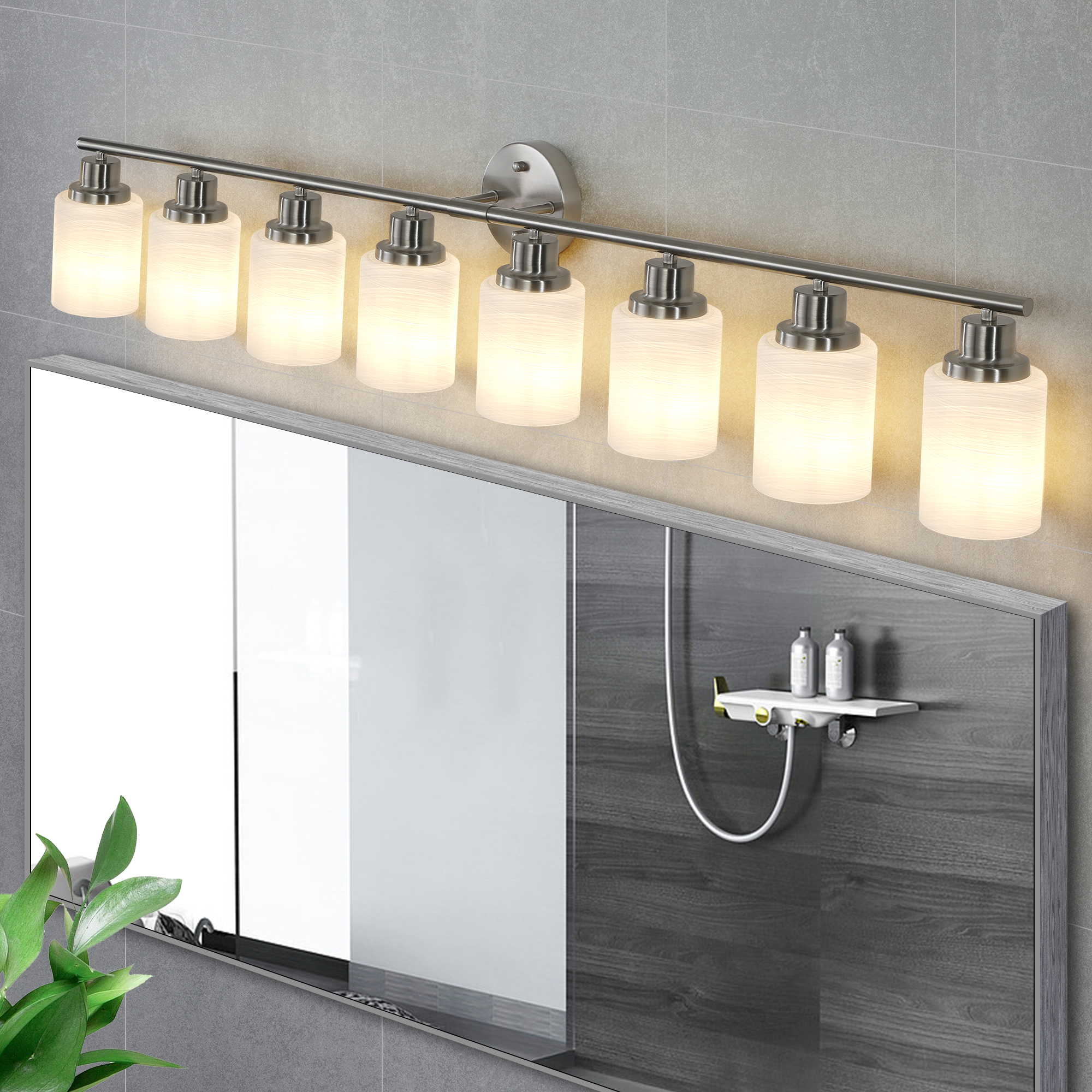 52" Modern 8-Light Vanity Wall Sconce, Brushed Nickel Finish with Frosted Glass Shades for Bathroom or Hallway Lighting (No Bulbs) - Image 2
