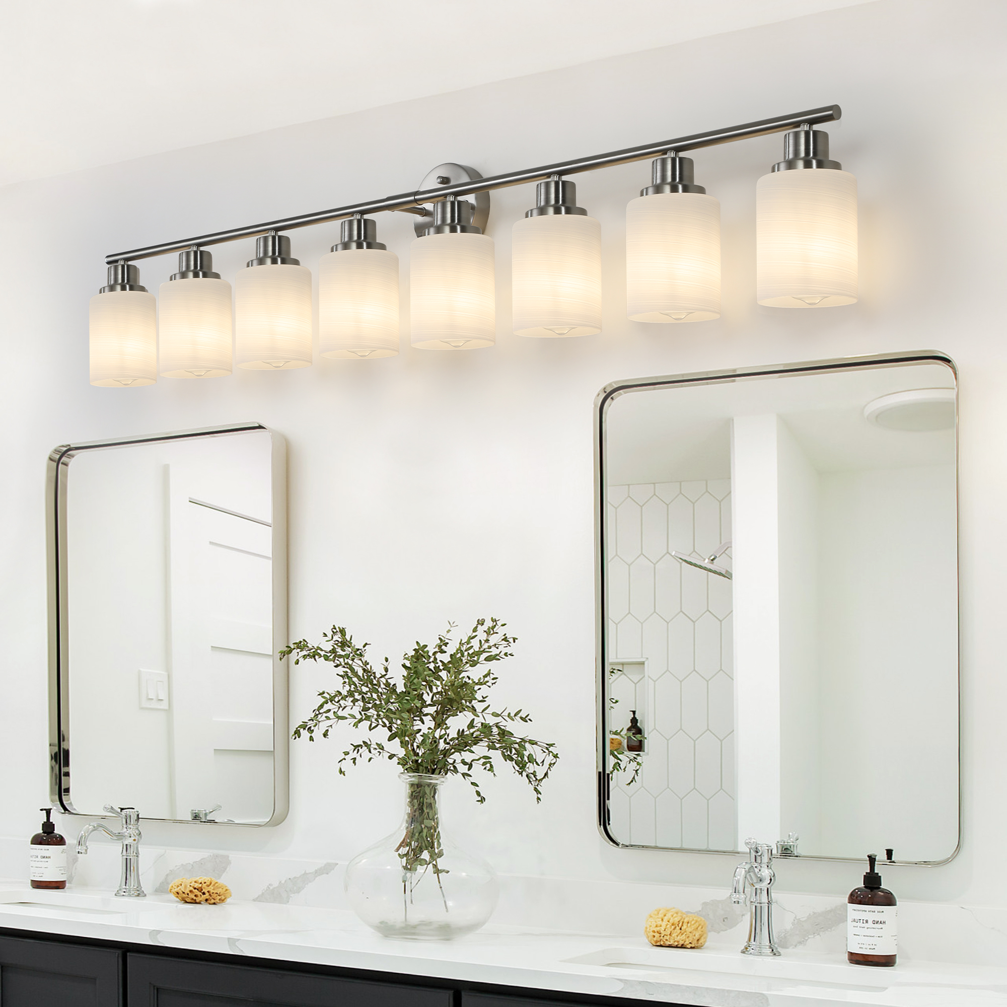52" Modern 8-Light Vanity Wall Sconce, Brushed Nickel Finish with Frosted Glass Shades for Bathroom or Hallway Lighting (No Bulbs) - Image 3