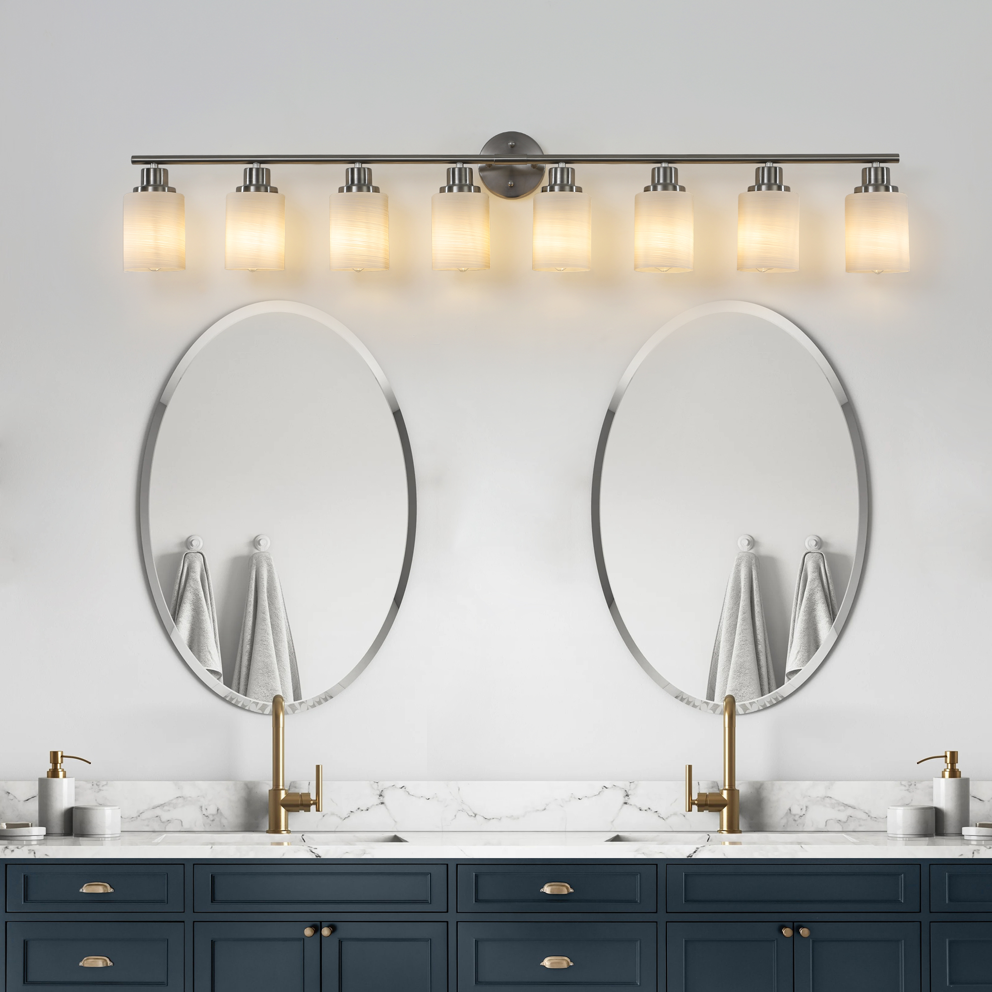 52" Modern 8-Light Vanity Wall Sconce, Brushed Nickel Finish with Frosted Glass Shades for Bathroom or Hallway Lighting (No Bulbs) - Image 4