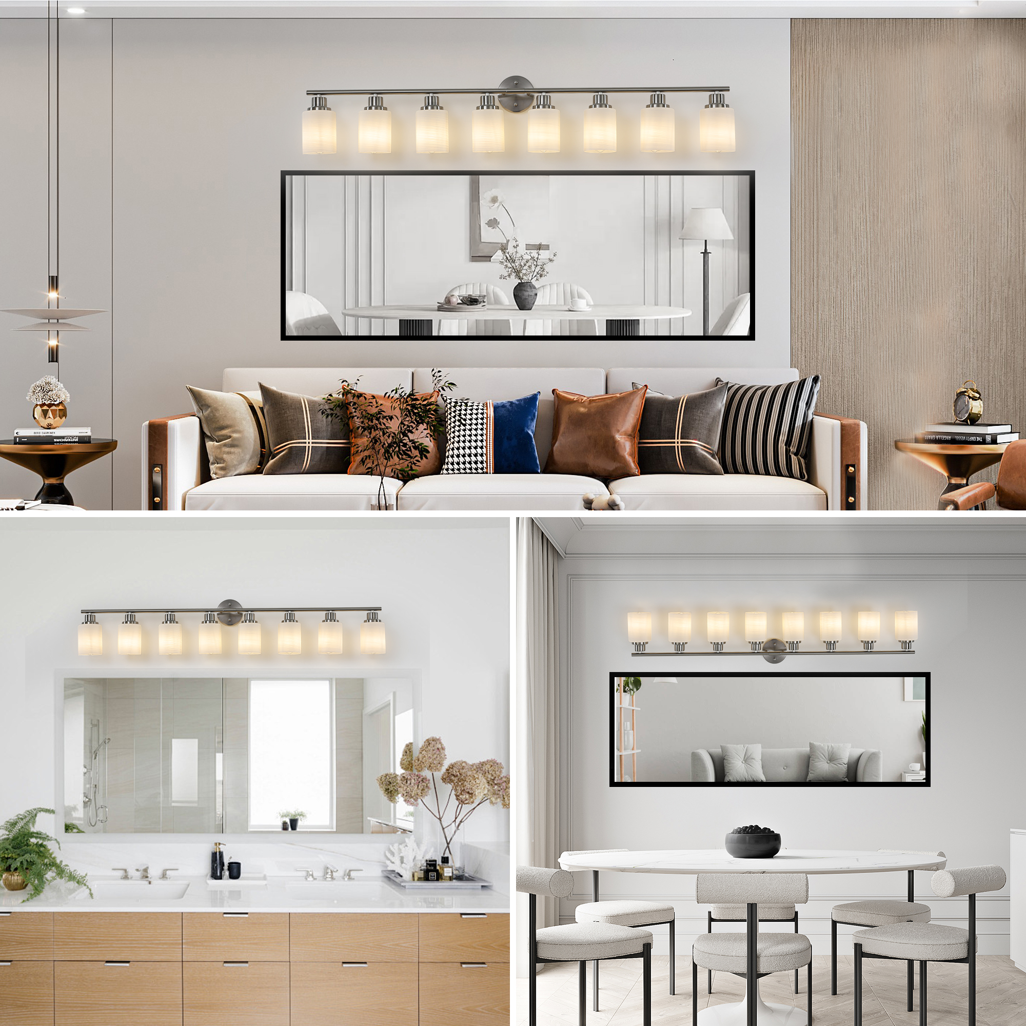 52" Modern 8-Light Vanity Wall Sconce, Brushed Nickel Finish with Frosted Glass Shades for Bathroom or Hallway Lighting (No Bulbs) - Image 5
