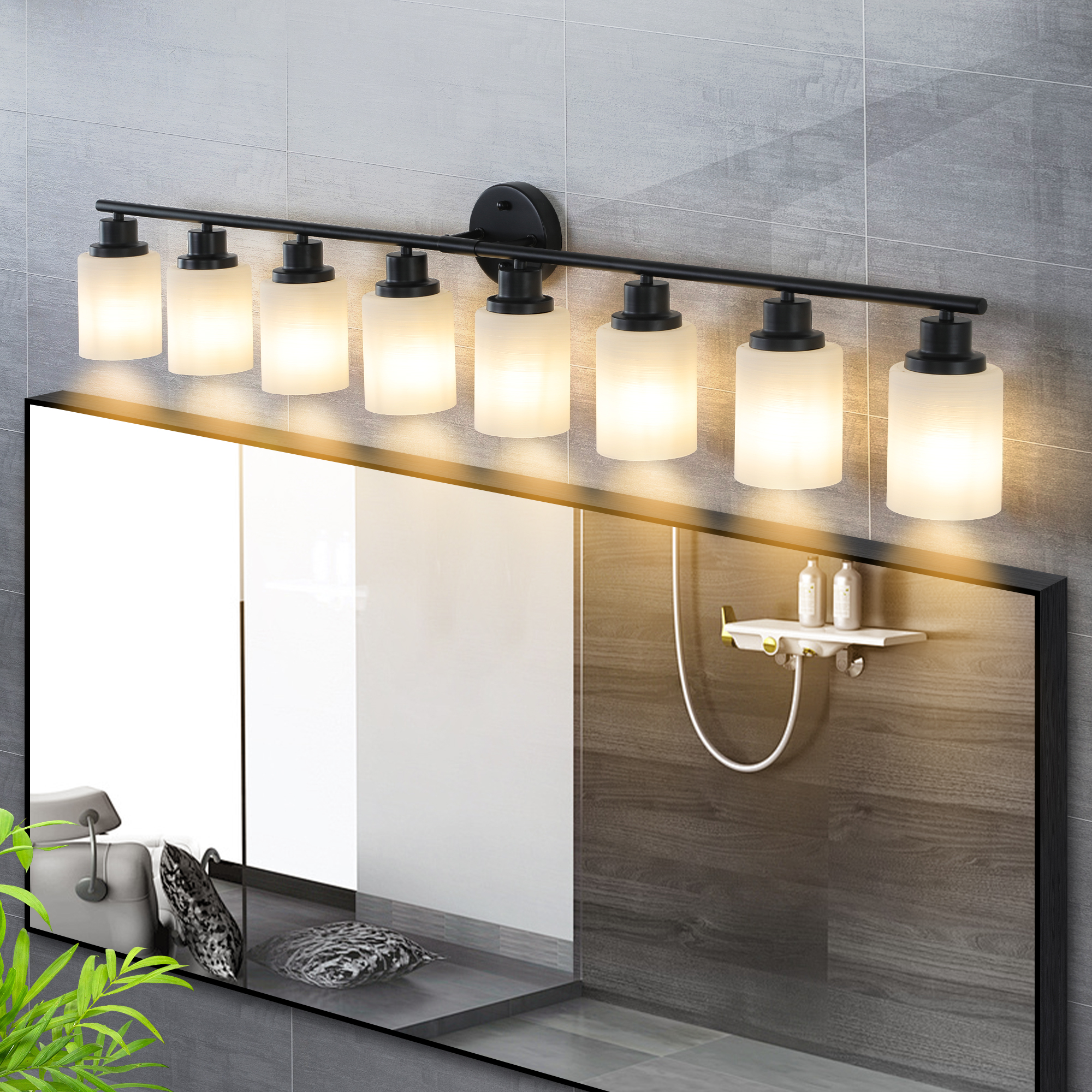 52" Modern 8-Light Vanity Bathroom Mirror Light, Frosted White Glass with Black Iron Frame, Contemporary Wall Sconce for Bedroom, Bathroom, and Dressing Room (Bulb Not Included) - Image 2
