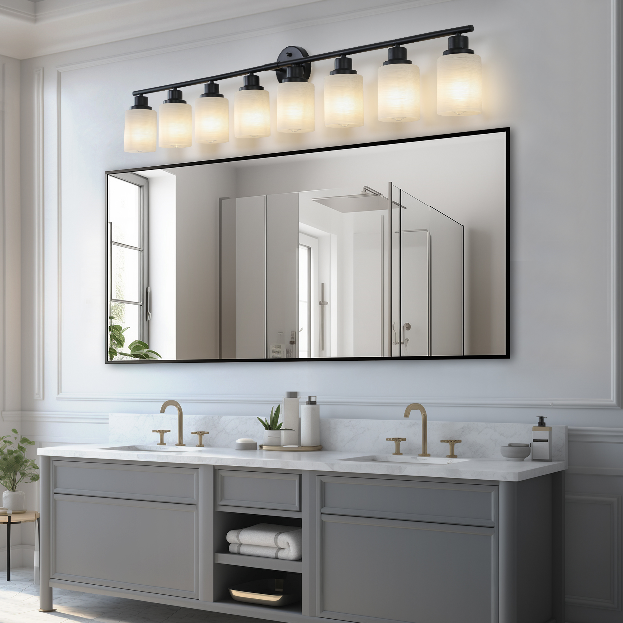 52" Modern 8-Light Vanity Bathroom Mirror Light, Frosted White Glass with Black Iron Frame, Contemporary Wall Sconce for Bedroom, Bathroom, and Dressing Room (Bulb Not Included) - Image 3