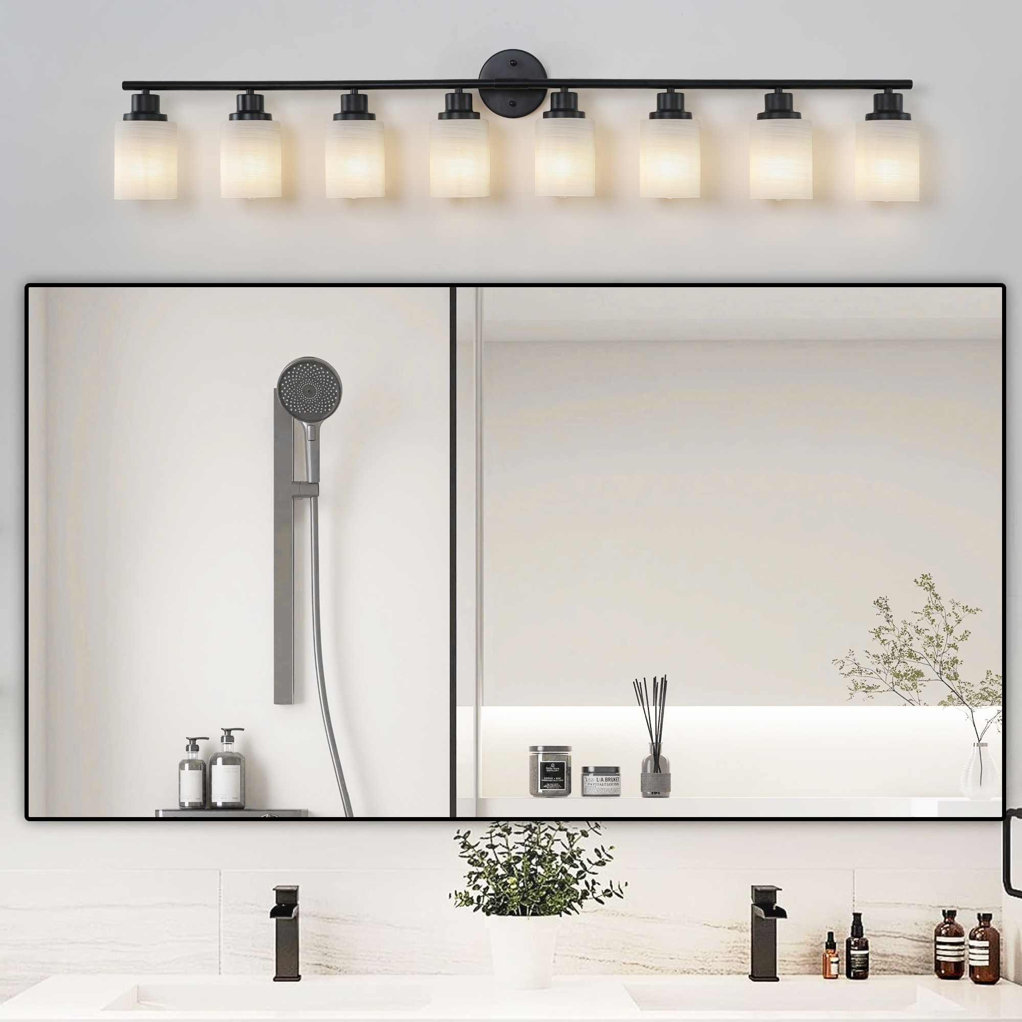 52" Modern 8-Light Vanity Bathroom Mirror Light, Frosted White Glass with Black Iron Frame, Contemporary Wall Sconce for Bedroom, Bathroom, and Dressing Room (Bulb Not Included) - Image 4