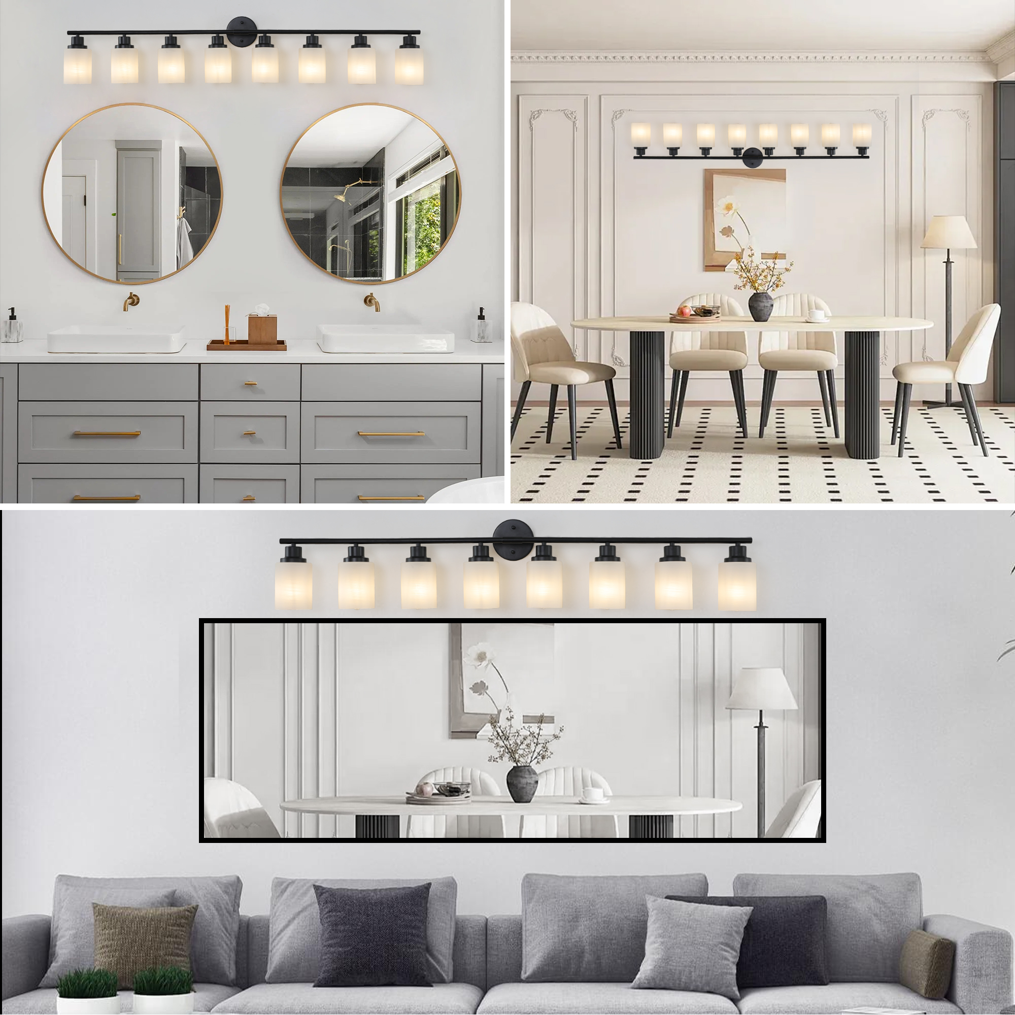 52" Modern 8-Light Vanity Bathroom Mirror Light, Frosted White Glass with Black Iron Frame, Contemporary Wall Sconce for Bedroom, Bathroom, and Dressing Room (Bulb Not Included) - Image 5