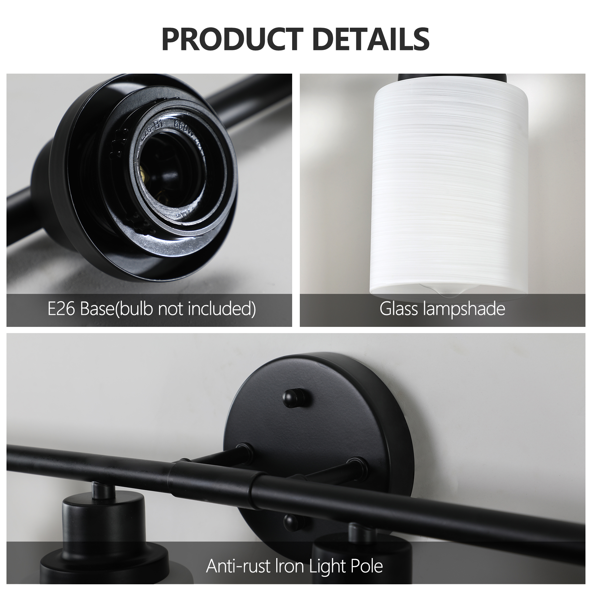 52" Modern 8-Light Vanity Bathroom Mirror Light, Frosted White Glass with Black Iron Frame, Contemporary Wall Sconce for Bedroom, Bathroom, and Dressing Room (Bulb Not Included) - Image 6