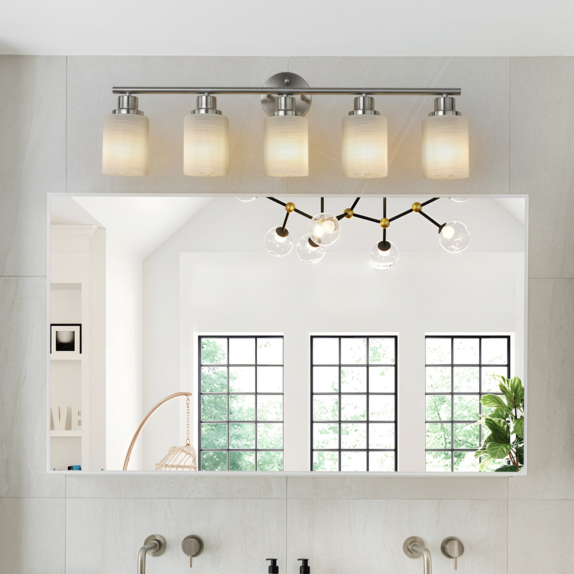 31" Modern 5-Light Vanity Wall Sconce, Brushed Nickel Finish with Frosted Glass Shades for Bathroom or Hallway Lighting (No Bulbs) - Image 2