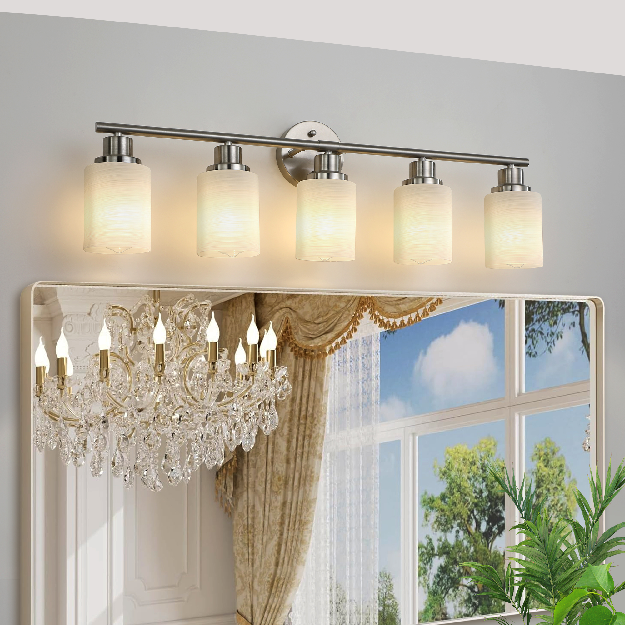 31" Modern 5-Light Vanity Wall Sconce, Brushed Nickel Finish with Frosted Glass Shades for Bathroom or Hallway Lighting (No Bulbs) - Image 4