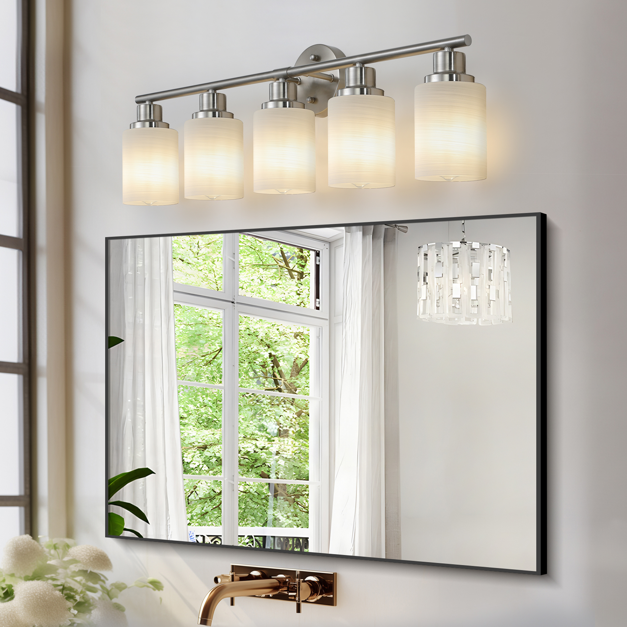 31" Modern 5-Light Vanity Wall Sconce, Brushed Nickel Finish with Frosted Glass Shades for Bathroom or Hallway Lighting (No Bulbs) - Image 3