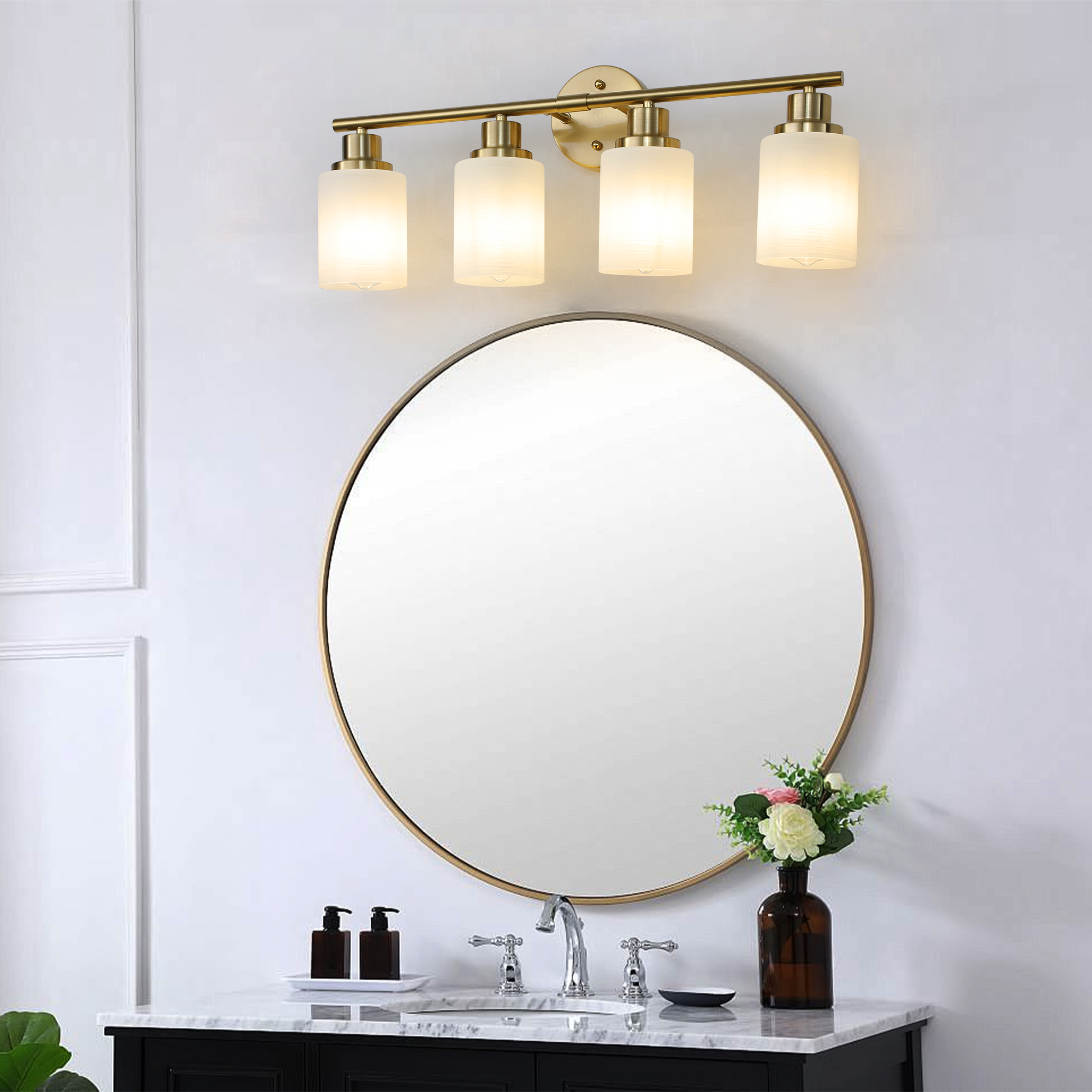 24" Modern 4-Light Vanity Wall Sconce, Golden Finish with Frosted Glass Shades for Bathroom or Hallway Lighting (No Bulbs) - Image 2