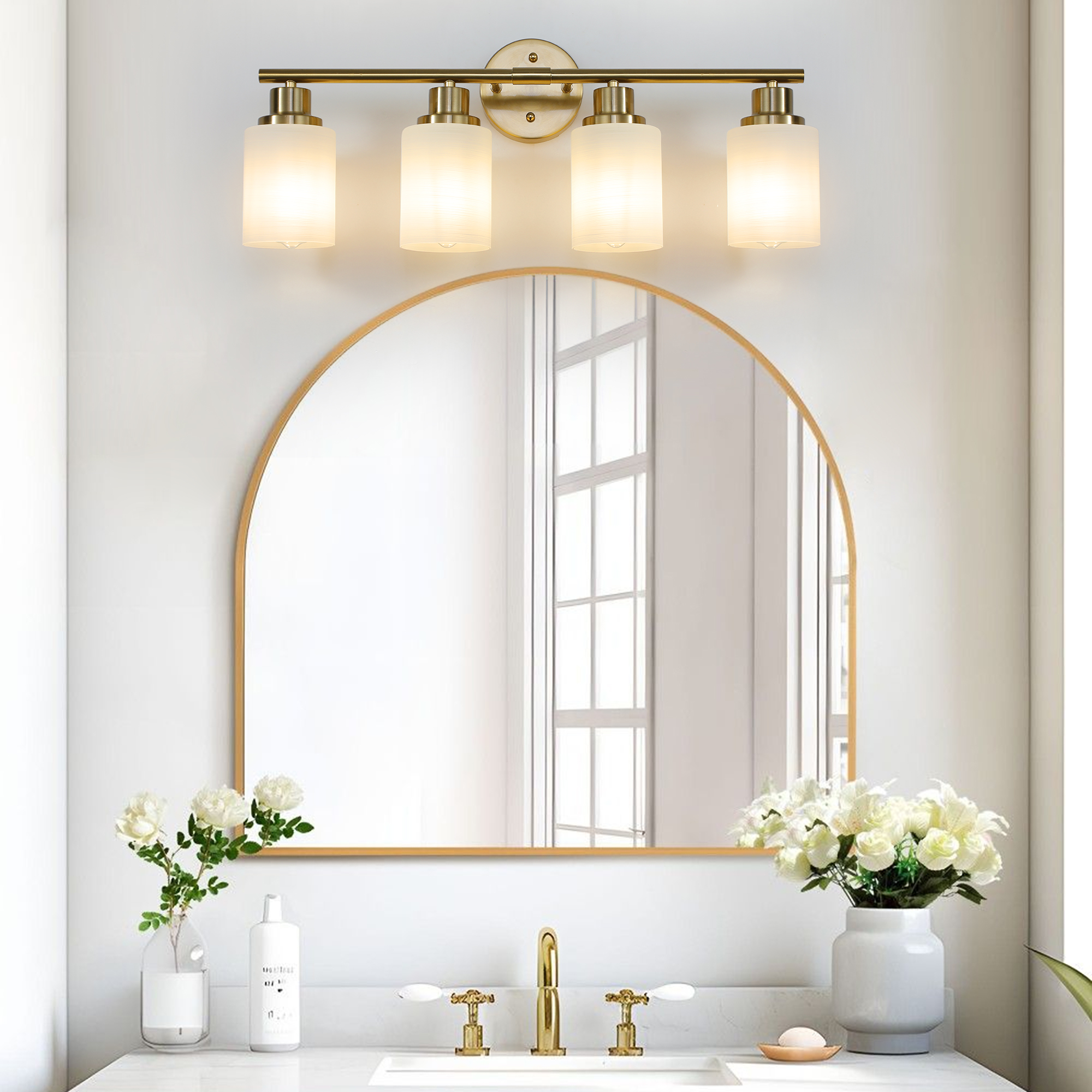 24" Modern 4-Light Vanity Wall Sconce, Golden Finish with Frosted Glass Shades for Bathroom or Hallway Lighting (No Bulbs) - Image 3