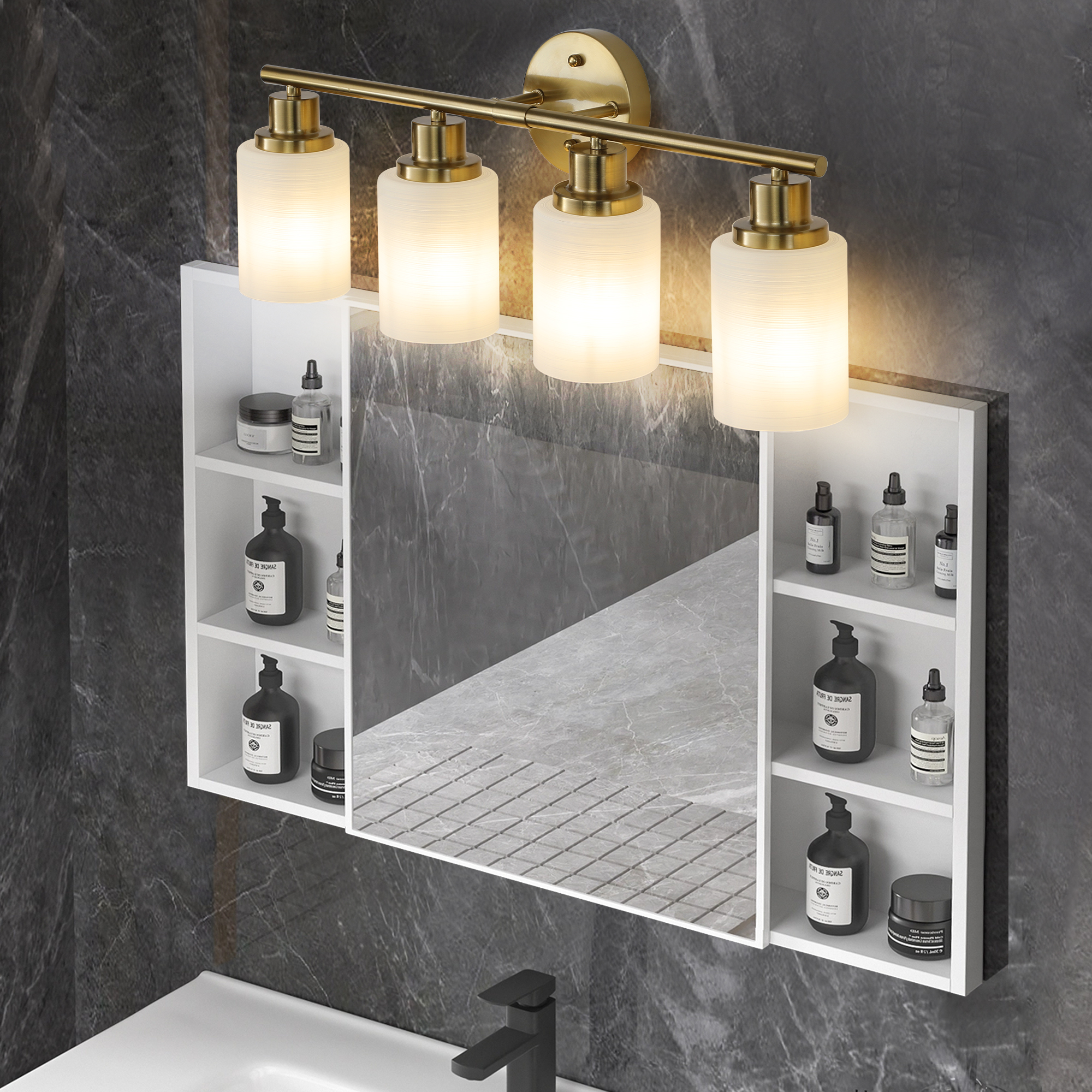 24" Modern 4-Light Vanity Wall Sconce, Golden Finish with Frosted Glass Shades for Bathroom or Hallway Lighting (No Bulbs) - Image 4