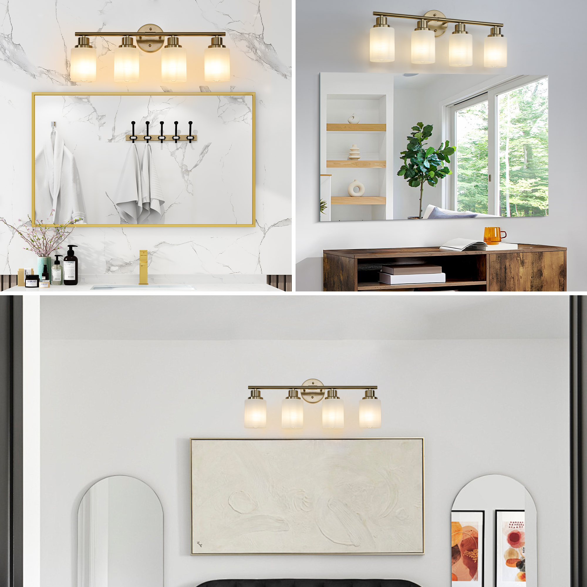 24" Modern 4-Light Vanity Wall Sconce, Golden Finish with Frosted Glass Shades for Bathroom or Hallway Lighting (No Bulbs) - Image 5
