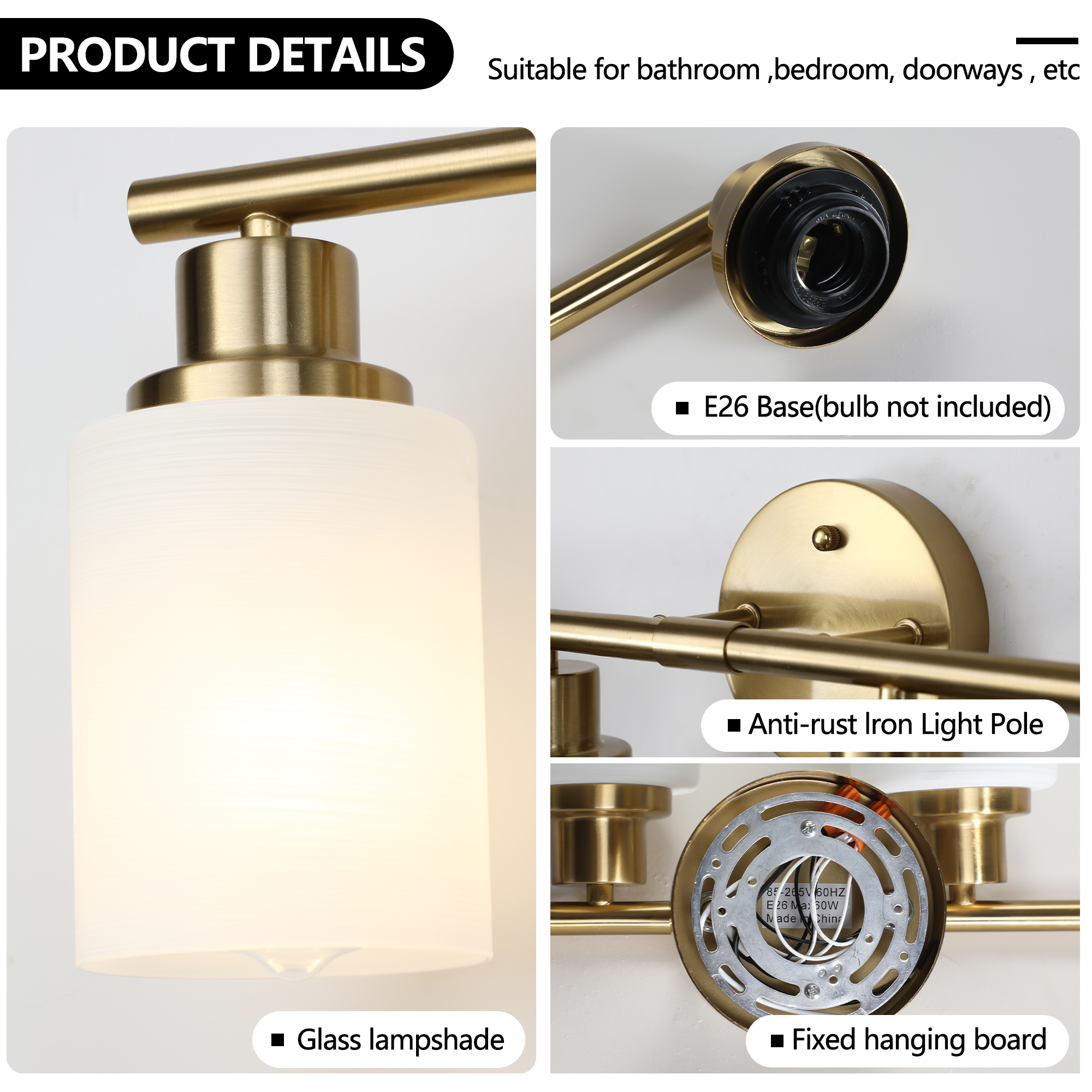 24" Modern 4-Light Vanity Wall Sconce, Golden Finish with Frosted Glass Shades for Bathroom or Hallway Lighting (No Bulbs) - Image 6