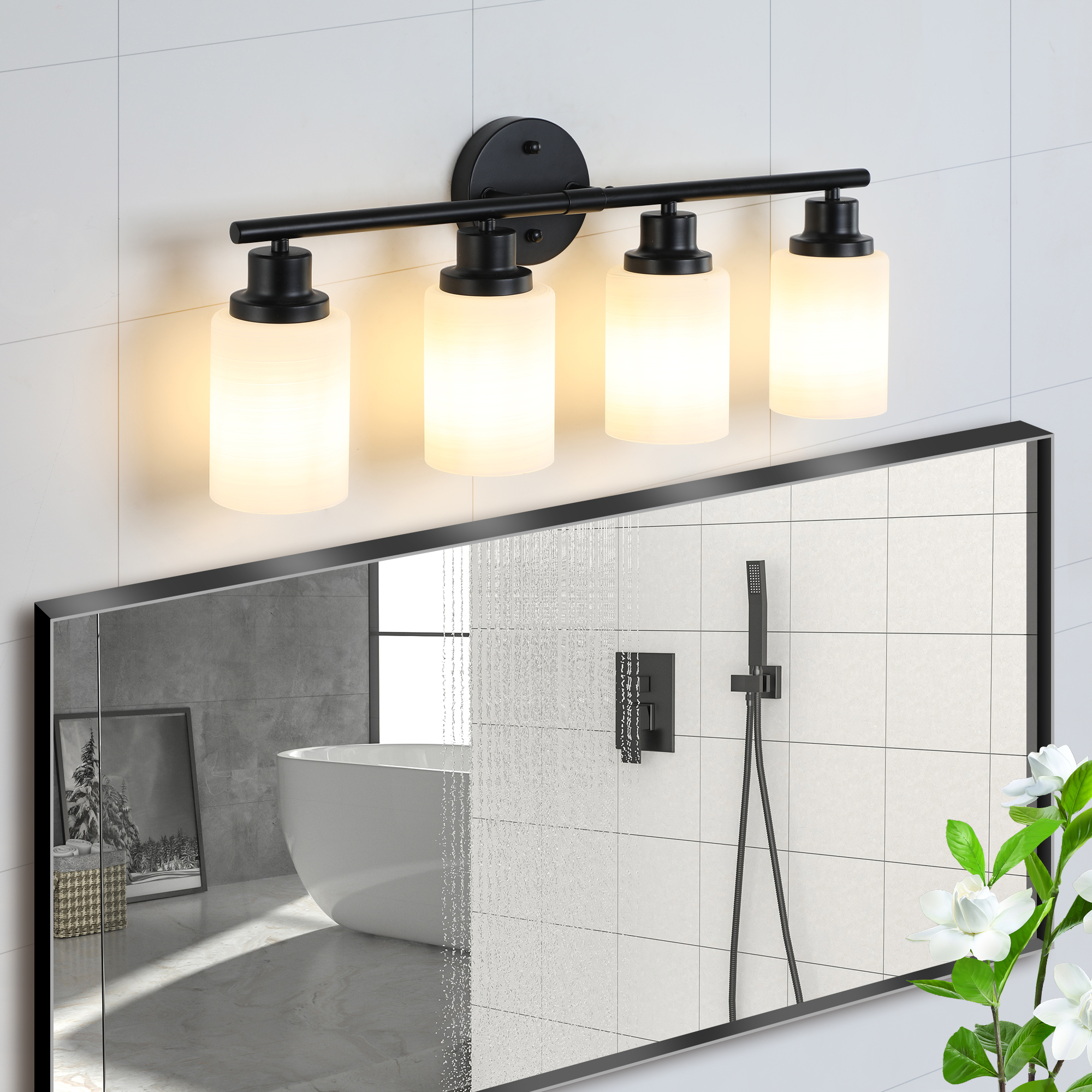 24" Modern 4-Light Vanity Bathroom Mirror Light, Frosted White Glass with Black Iron Frame, Contemporary Wall Sconce for Bedroom, Bathroom, And Dressing Room (Bulb Not Included) - Image 2