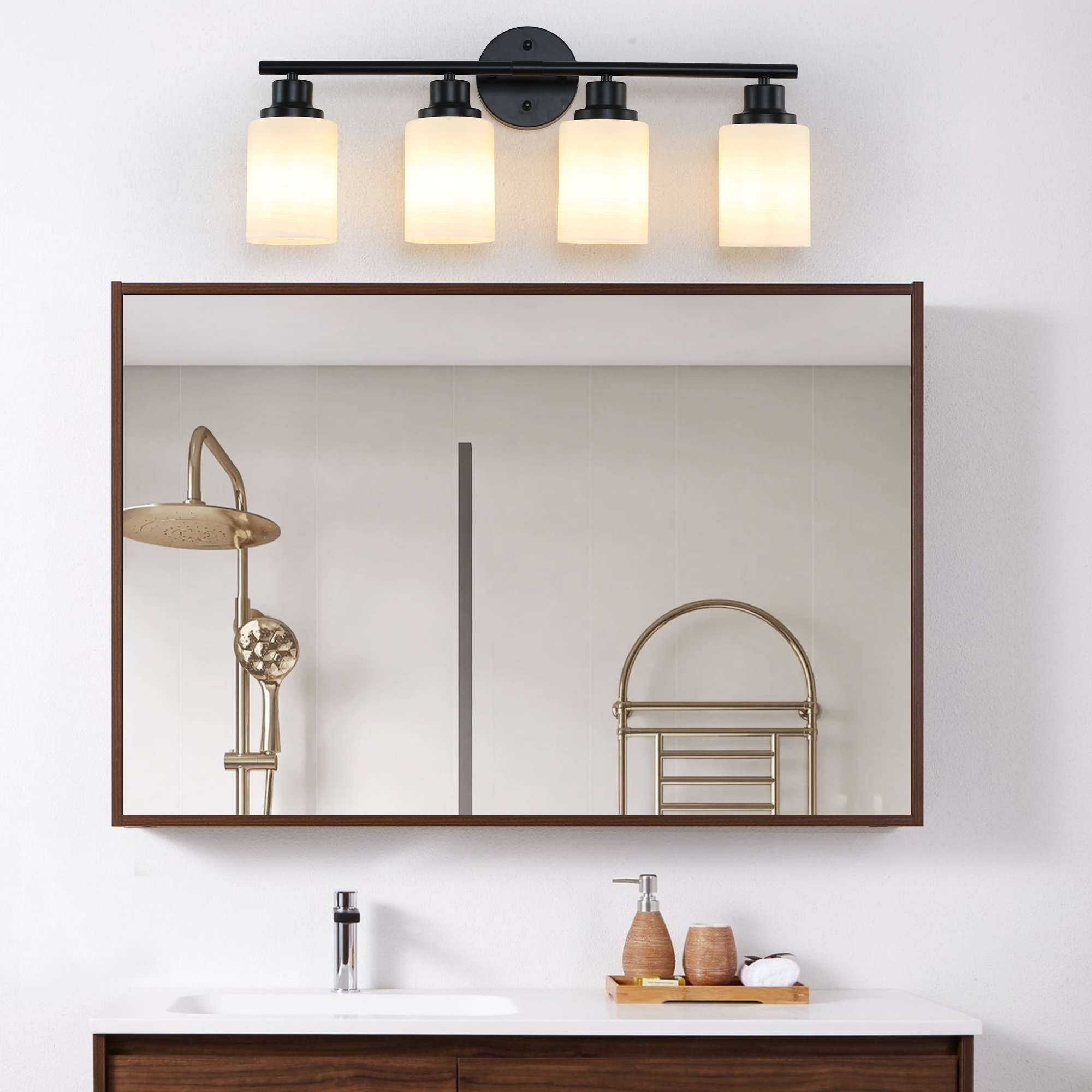 24" Modern 4-Light Vanity Bathroom Mirror Light, Frosted White Glass with Black Iron Frame, Contemporary Wall Sconce for Bedroom, Bathroom, And Dressing Room (Bulb Not Included) - Image 3
