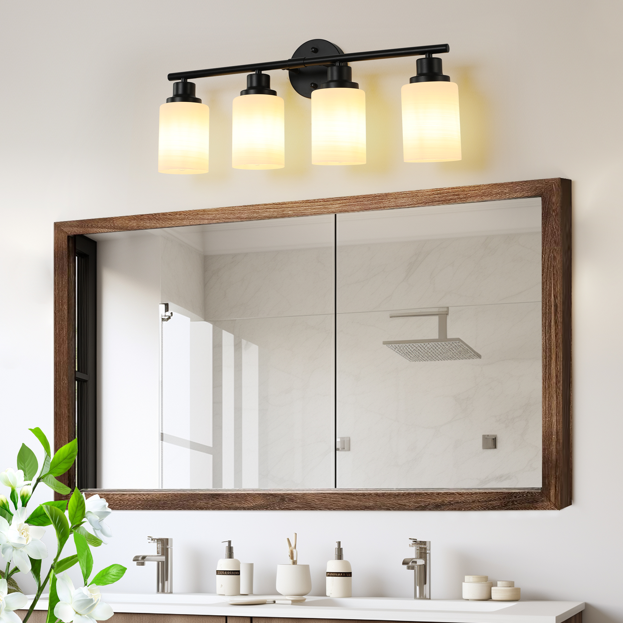 24" Modern 4-Light Vanity Bathroom Mirror Light, Frosted White Glass with Black Iron Frame, Contemporary Wall Sconce for Bedroom, Bathroom, And Dressing Room (Bulb Not Included) - Image 4