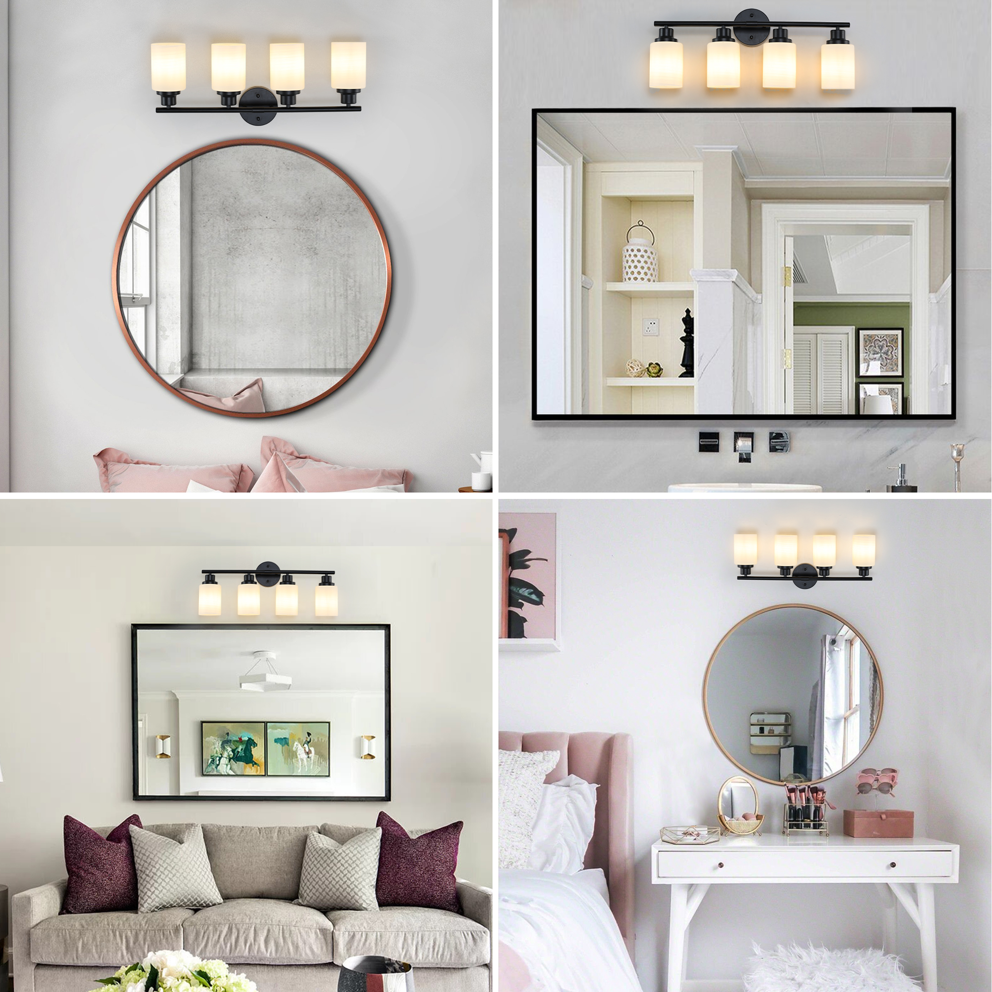 24" Modern 4-Light Vanity Bathroom Mirror Light, Frosted White Glass with Black Iron Frame, Contemporary Wall Sconce for Bedroom, Bathroom, And Dressing Room (Bulb Not Included) - Image 5