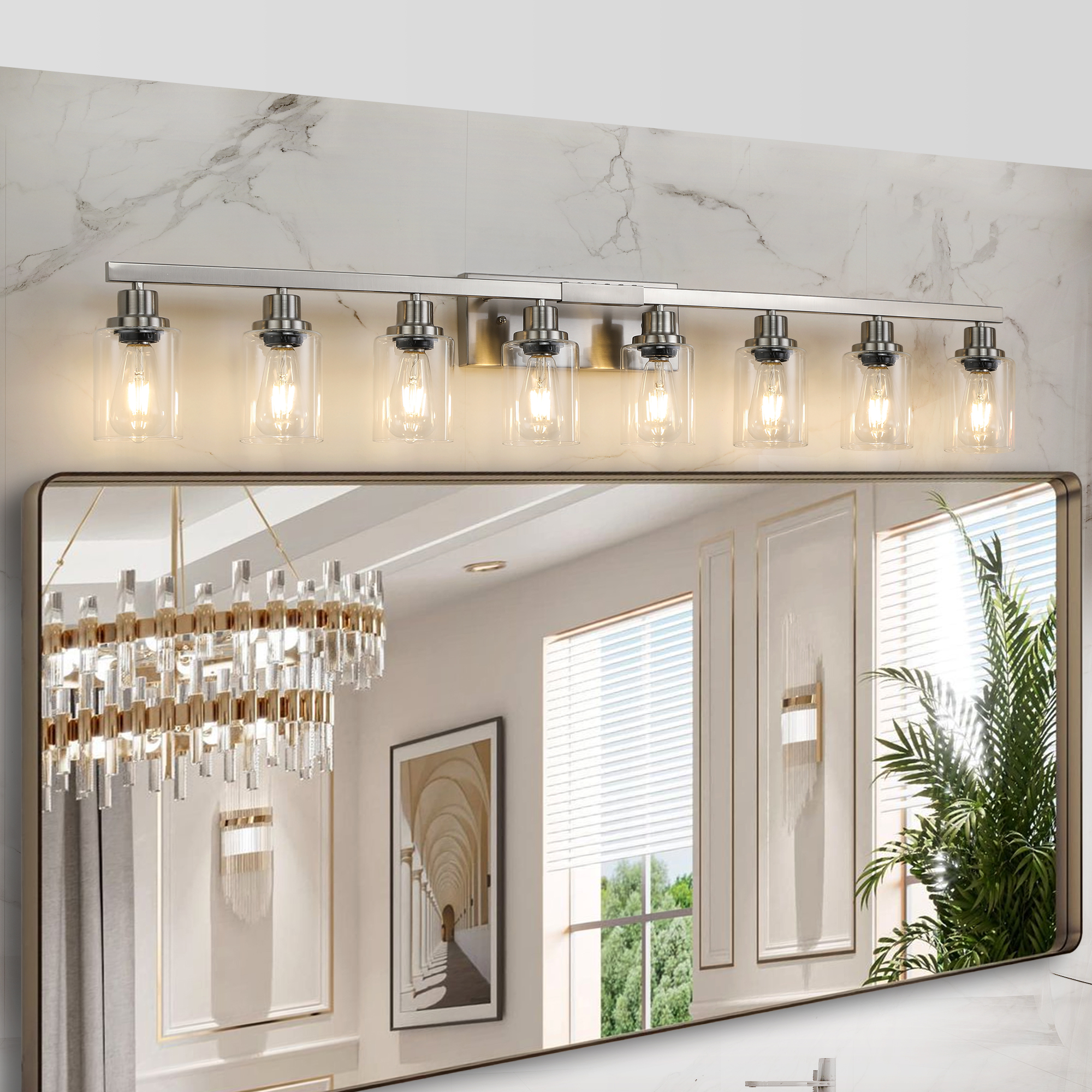 51" Modern 8-Light Bathroom Vanity Light Fixture - Brushed Nickel Finish with Clear Glass Shades, Perfect for Bathroom, Vanity, and Dressing Area Lighting (No Bulbs) - Image 2