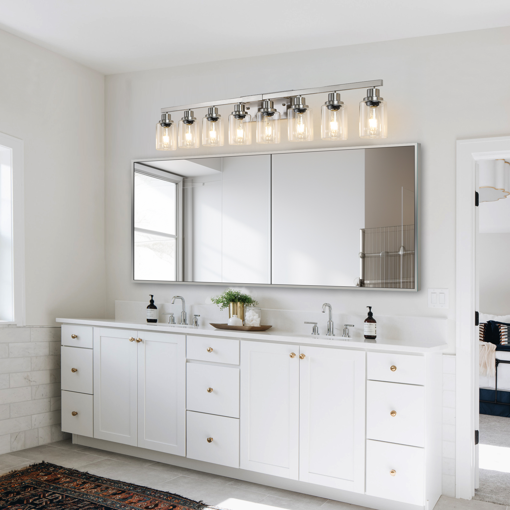 51" Modern 8-Light Bathroom Vanity Light Fixture - Brushed Nickel Finish with Clear Glass Shades, Perfect for Bathroom, Vanity, and Dressing Area Lighting (No Bulbs) - Image 3