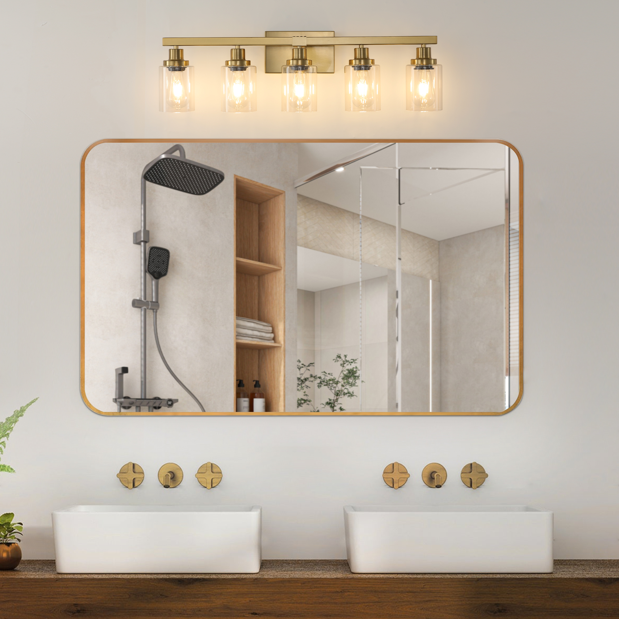 31" Golden 5-Light Vanity Light with Clear Glass Shades, Modern Iron Metal Bathroom Wall Fixture for Mirror, Ideal for Bathroom and Dressing Table (No Bulbs) - Image 2