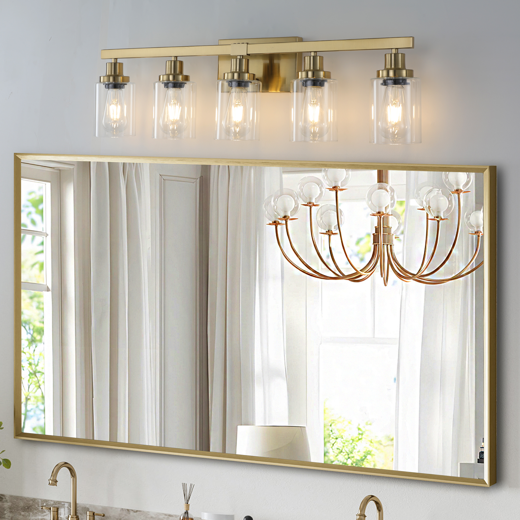 31" Golden 5-Light Vanity Light with Clear Glass Shades, Modern Iron Metal Bathroom Wall Fixture for Mirror, Ideal for Bathroom and Dressing Table (No Bulbs) - Image 3