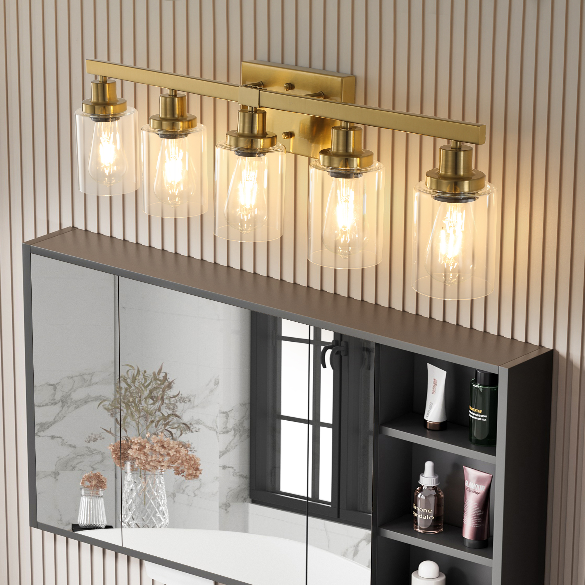 31" Golden 5-Light Vanity Light with Clear Glass Shades, Modern Iron Metal Bathroom Wall Fixture for Mirror, Ideal for Bathroom and Dressing Table (No Bulbs) - Image 4
