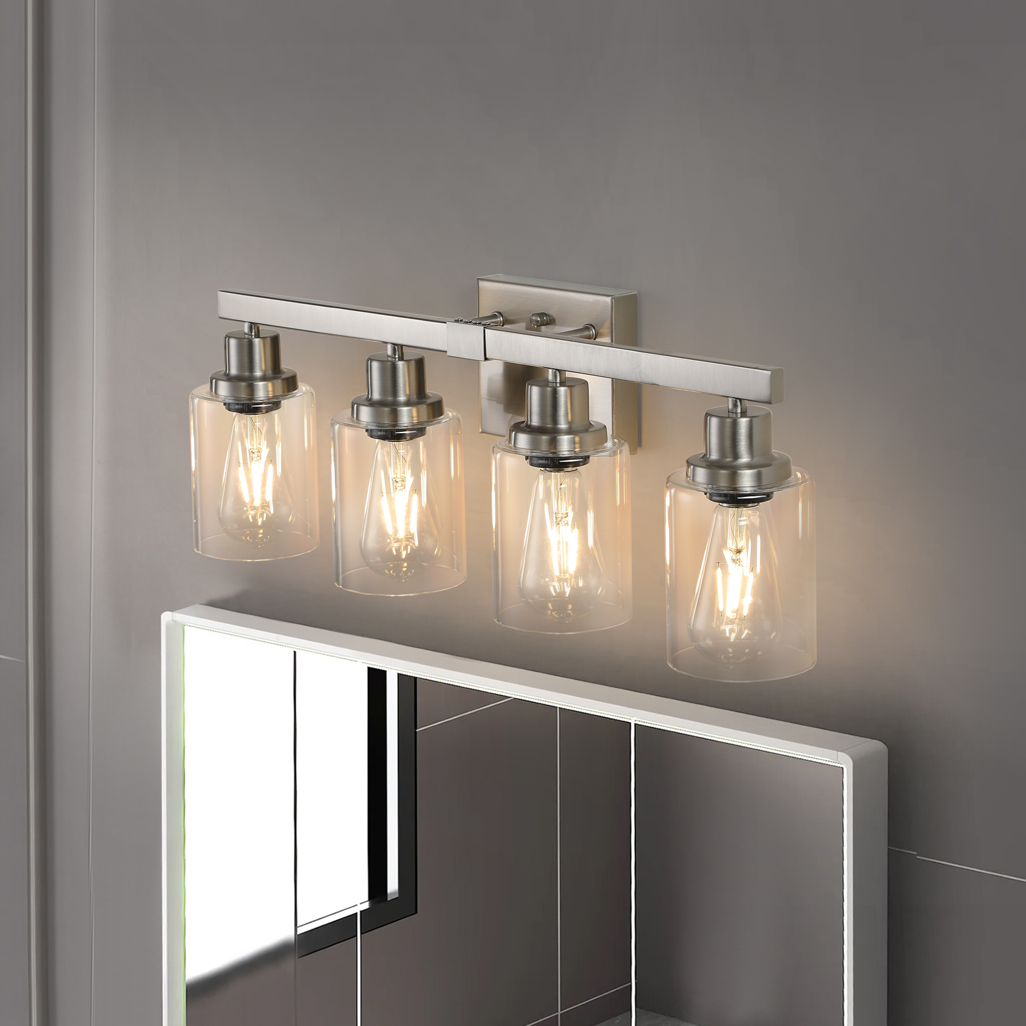 24" Modern 4-Light Bathroom Vanity Light Fixture - Brushed Nickel Finish with Clear Glass Shades, Perfect for Bathroom, Vanity, and Dressing Area Lighting (No Bulbs) - Image 2