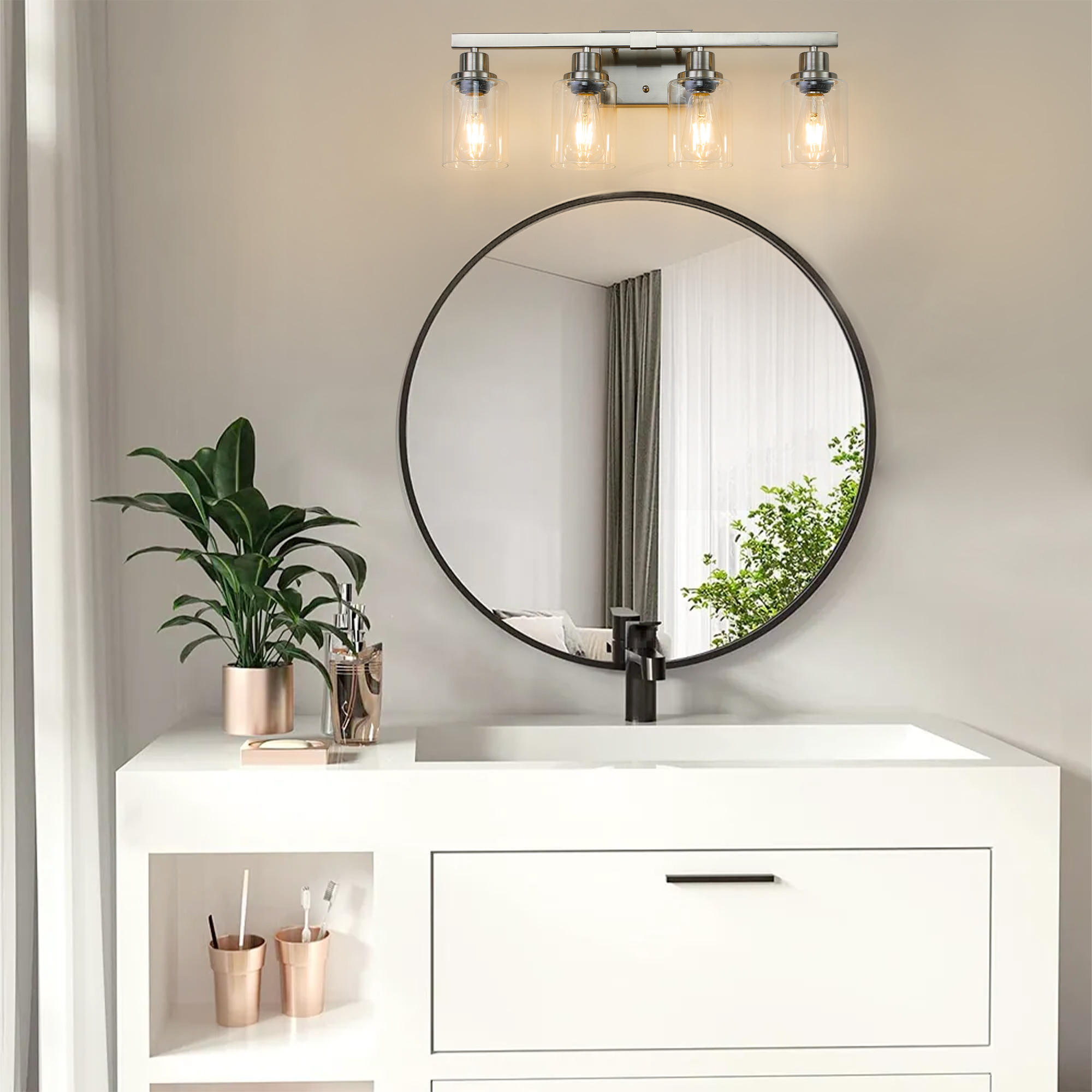 24" Modern 4-Light Bathroom Vanity Light Fixture - Brushed Nickel Finish with Clear Glass Shades, Perfect for Bathroom, Vanity, and Dressing Area Lighting (No Bulbs) - Image 4