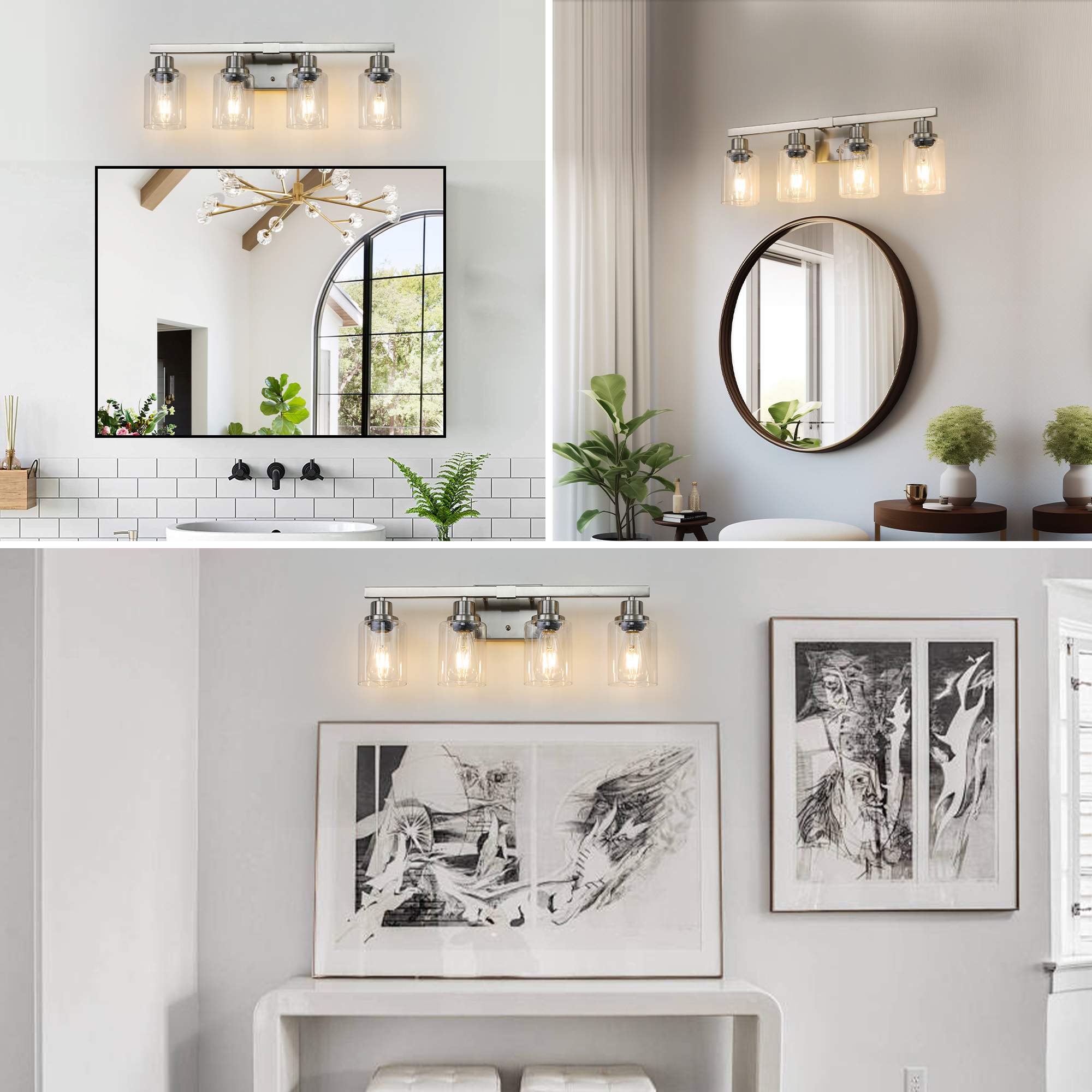 24" Modern 4-Light Bathroom Vanity Light Fixture - Brushed Nickel Finish with Clear Glass Shades, Perfect for Bathroom, Vanity, and Dressing Area Lighting (No Bulbs) - Image 5
