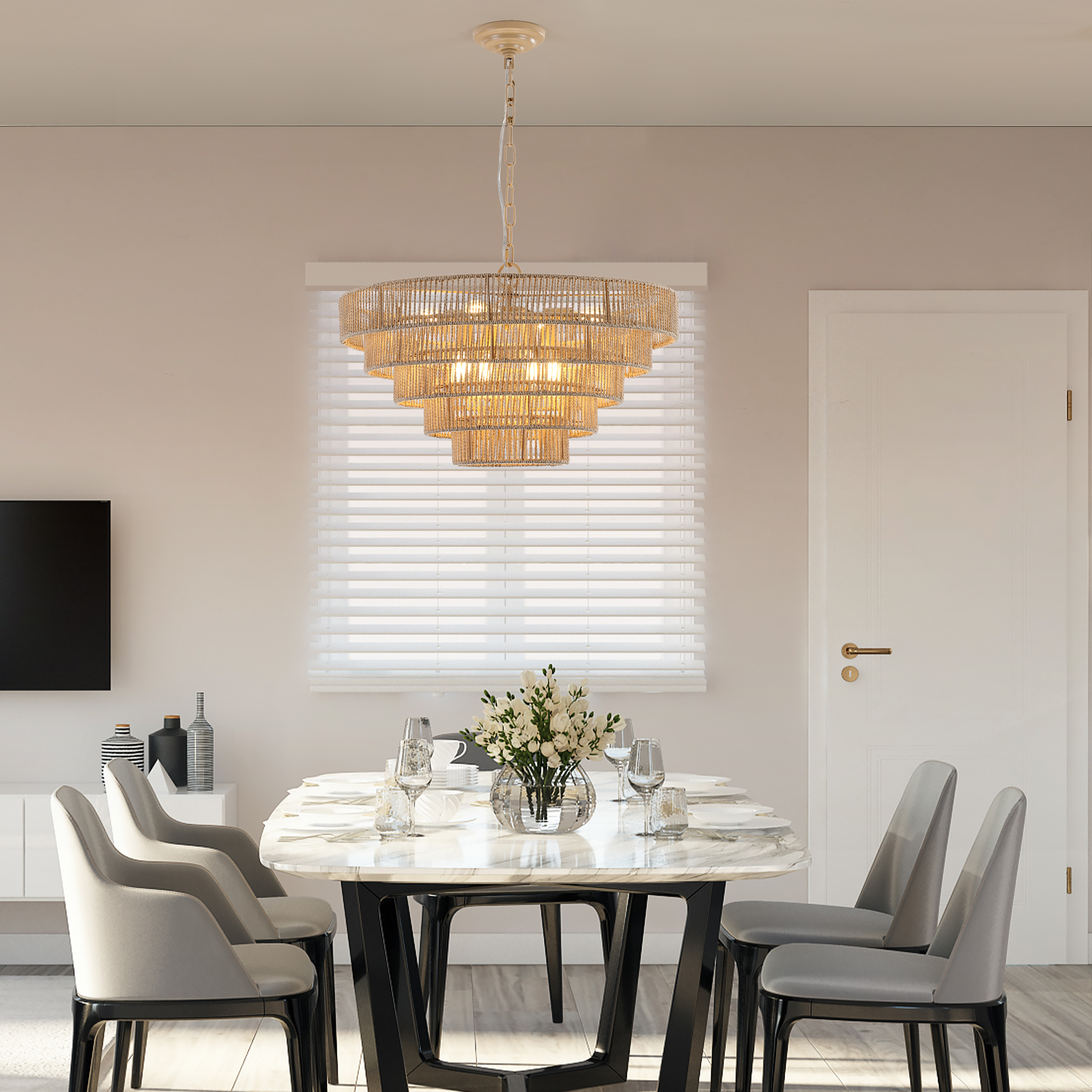 (Same as W1340P155977/L1019-5) 24" Modern 5-Layer Woven Hemp Rope Chandelier, Boho Style Pendant Light, Elegant Hanging Light Fixture for Living Room, Dining Room, Bedroom (No Bulbs) - Image 2
