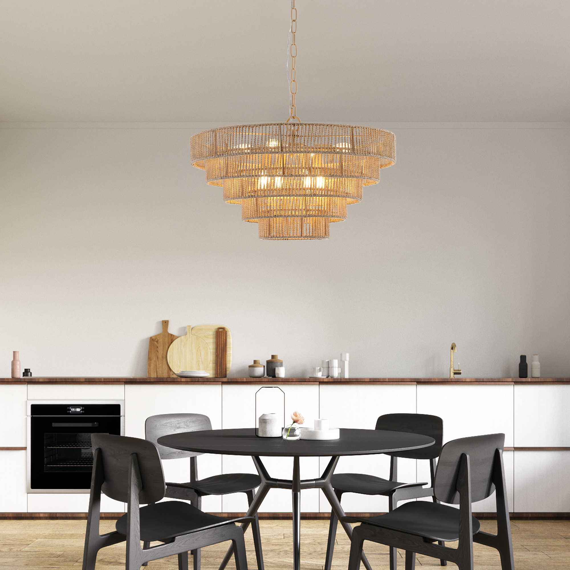 (Same as W1340P155977/L1019-5) 24" Modern 5-Layer Woven Hemp Rope Chandelier, Boho Style Pendant Light, Elegant Hanging Light Fixture for Living Room, Dining Room, Bedroom (No Bulbs) - Image 3