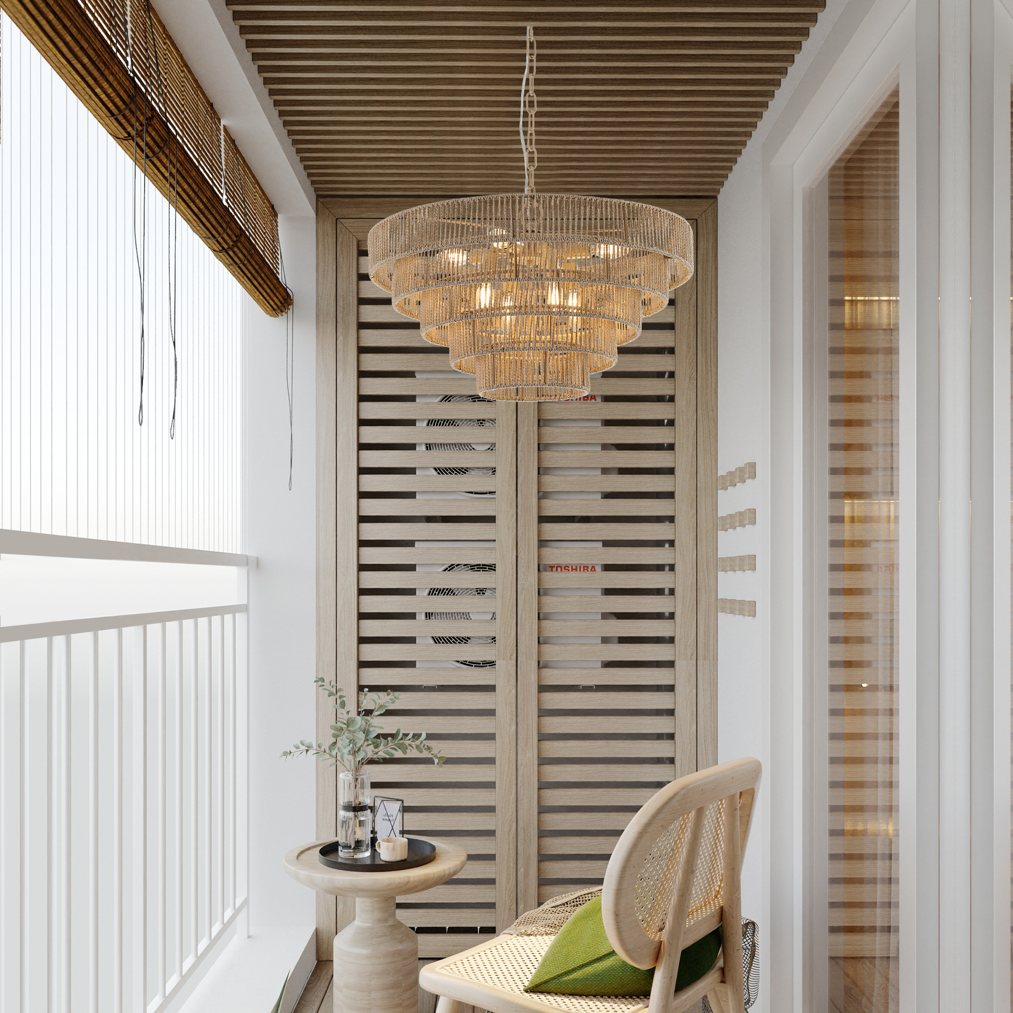 (Same as W1340P155977/L1019-5) 24" Modern 5-Layer Woven Hemp Rope Chandelier, Boho Style Pendant Light, Elegant Hanging Light Fixture for Living Room, Dining Room, Bedroom (No Bulbs) - Image 5