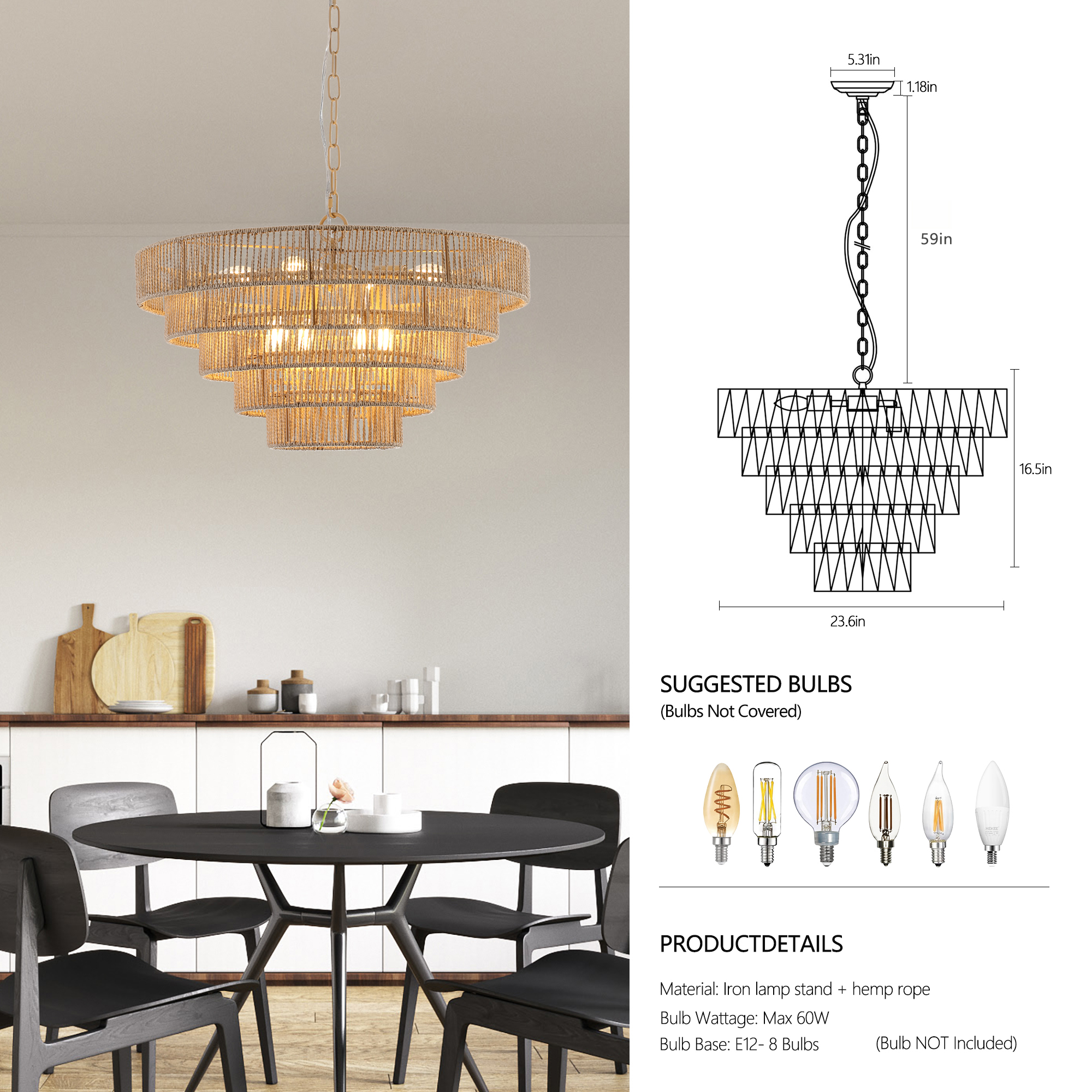 (Same as W1340P155977/L1019-5) 24" Modern 5-Layer Woven Hemp Rope Chandelier, Boho Style Pendant Light, Elegant Hanging Light Fixture for Living Room, Dining Room, Bedroom (No Bulbs) - Image 6
