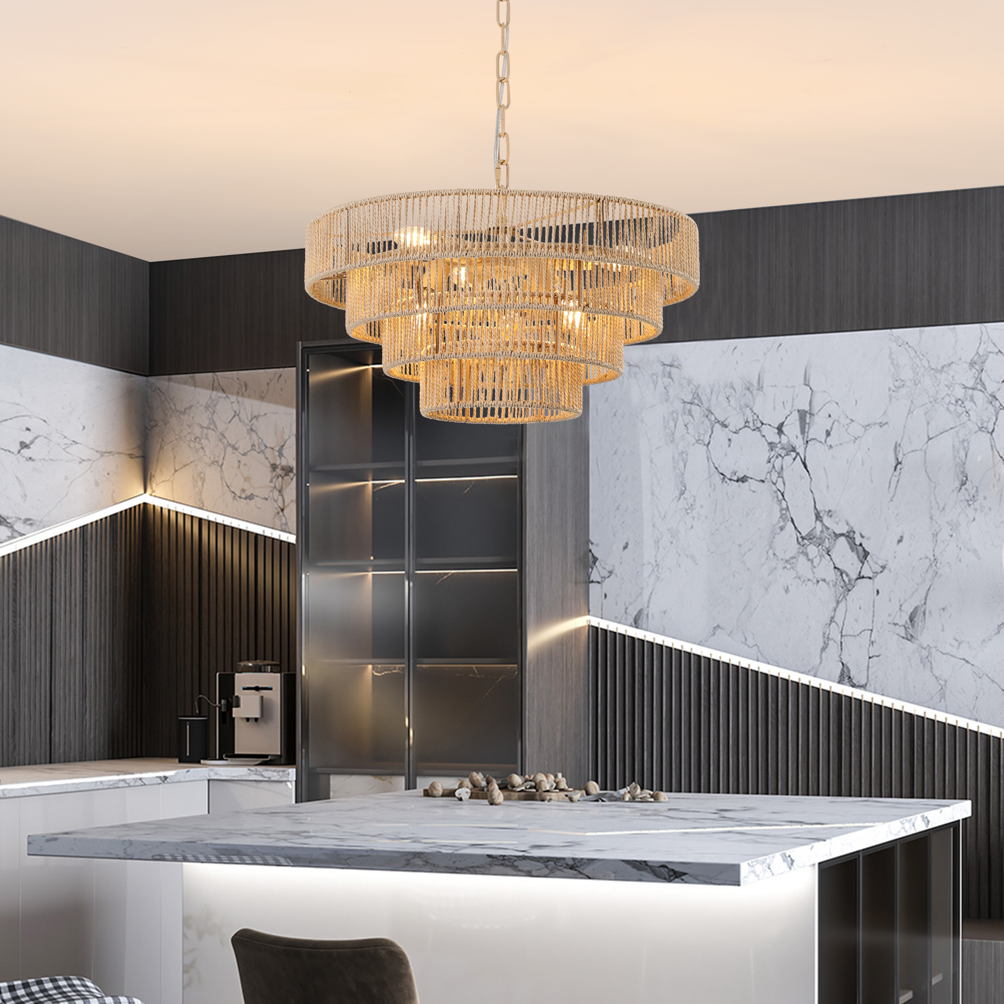 (Same as W1340P155976/L1019-4) 20" Modern 4-Layer Woven Hemp Rope Chandelier, Boho Style Pendant Light, Elegant Hanging Light Fixture for Living Room, Dining Room, Bedroom (No Bulbs) - Image 3