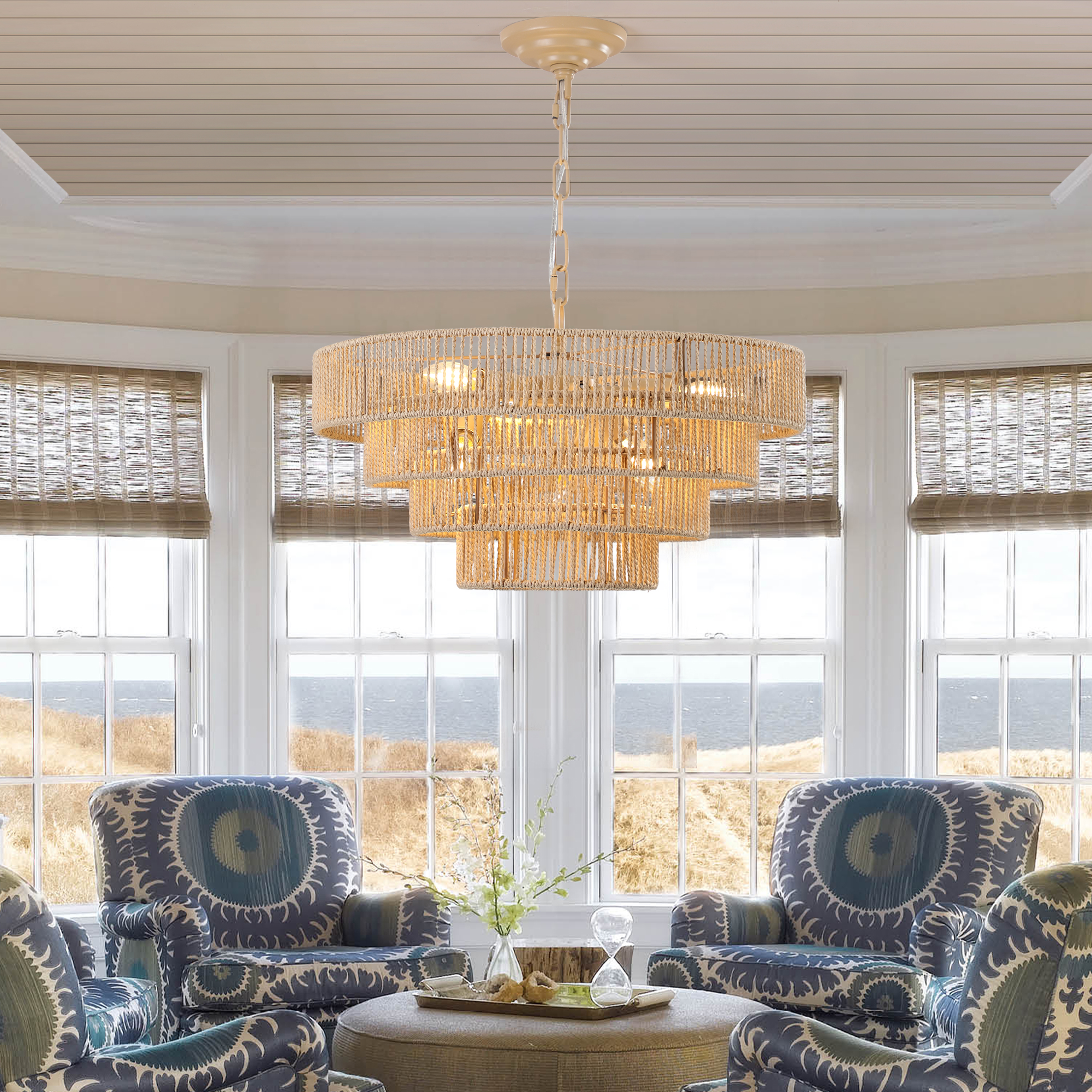 (Same as W1340P155976/L1019-4) 20" Modern 4-Layer Woven Hemp Rope Chandelier, Boho Style Pendant Light, Elegant Hanging Light Fixture for Living Room, Dining Room, Bedroom (No Bulbs) - Image 5