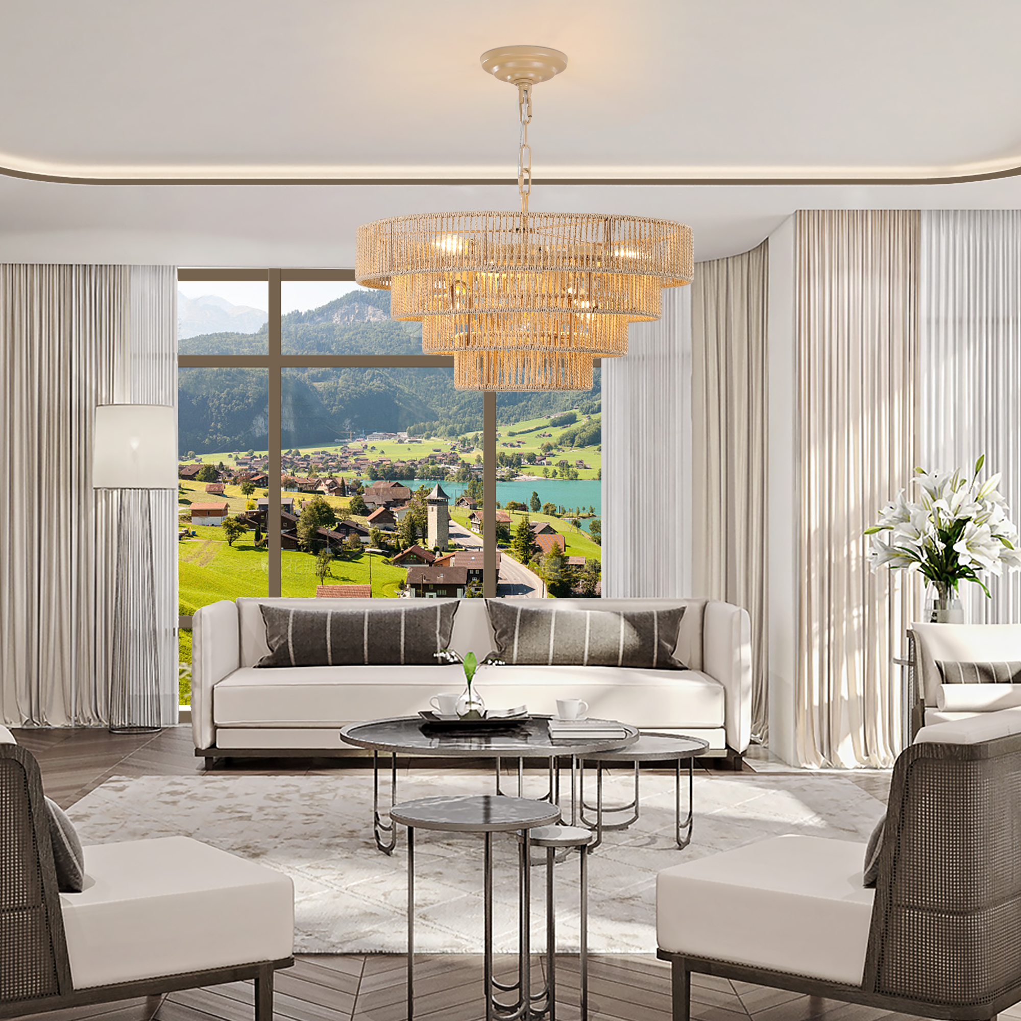 (Same as W1340P155976/L1019-4) 20" Modern 4-Layer Woven Hemp Rope Chandelier, Boho Style Pendant Light, Elegant Hanging Light Fixture for Living Room, Dining Room, Bedroom (No Bulbs) - Image 4