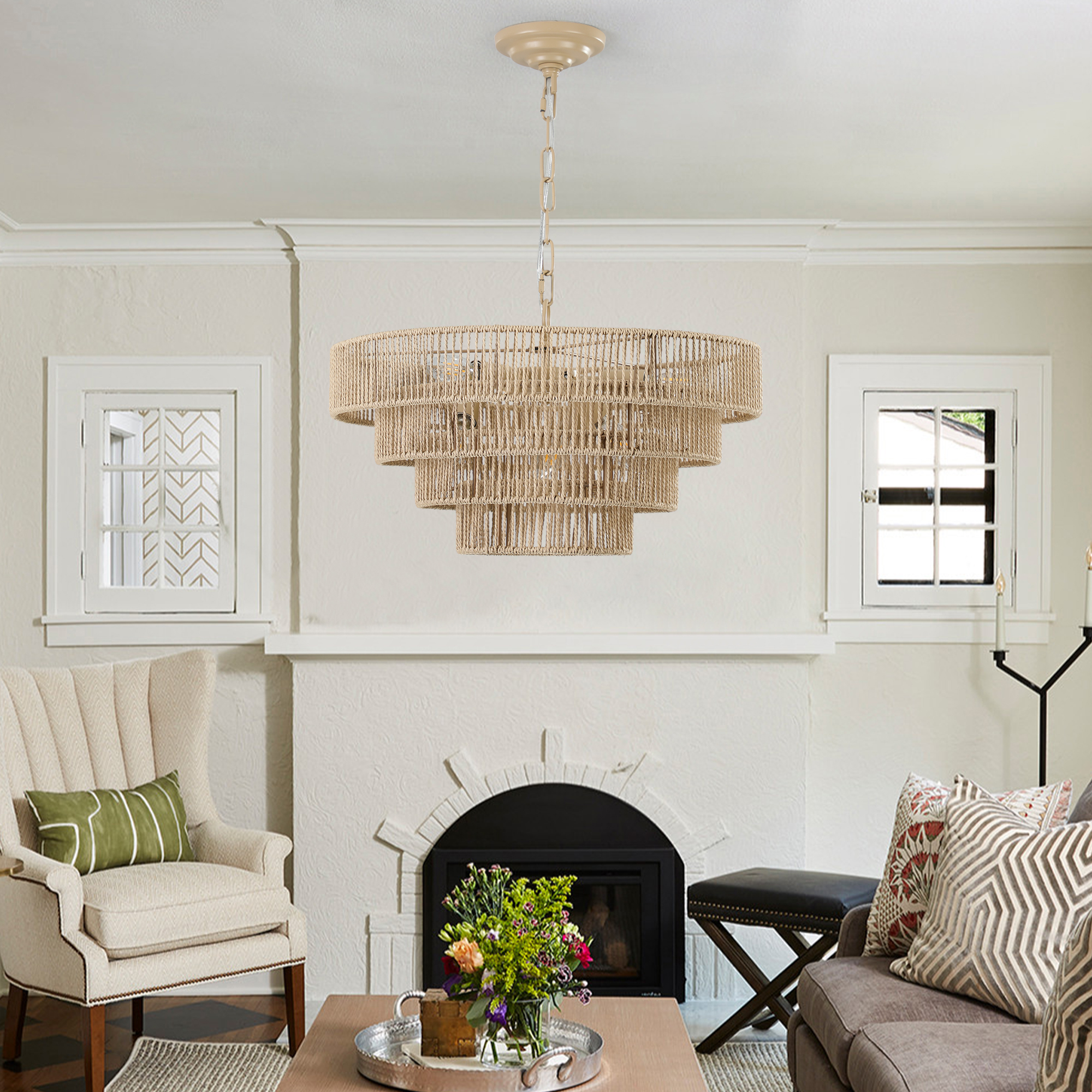 (Same as W1340P155976/L1019-4) 20" Modern 4-Layer Woven Hemp Rope Chandelier, Boho Style Pendant Light, Elegant Hanging Light Fixture for Living Room, Dining Room, Bedroom (No Bulbs) - Image 6