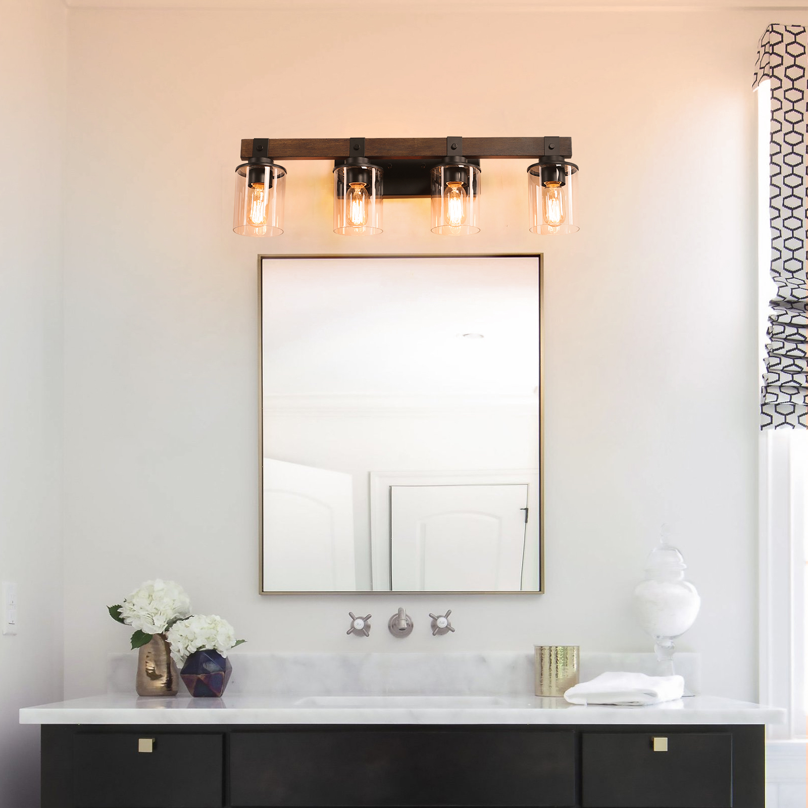 (Same as W1340119957/L1016) 27″ Rustic 4-Light Vanity Light, Industrial Bathroom Wall Sconce with Glass Shades and Wood Accent, Modern Farmhouse Lighting Fixture (No Bulbs)