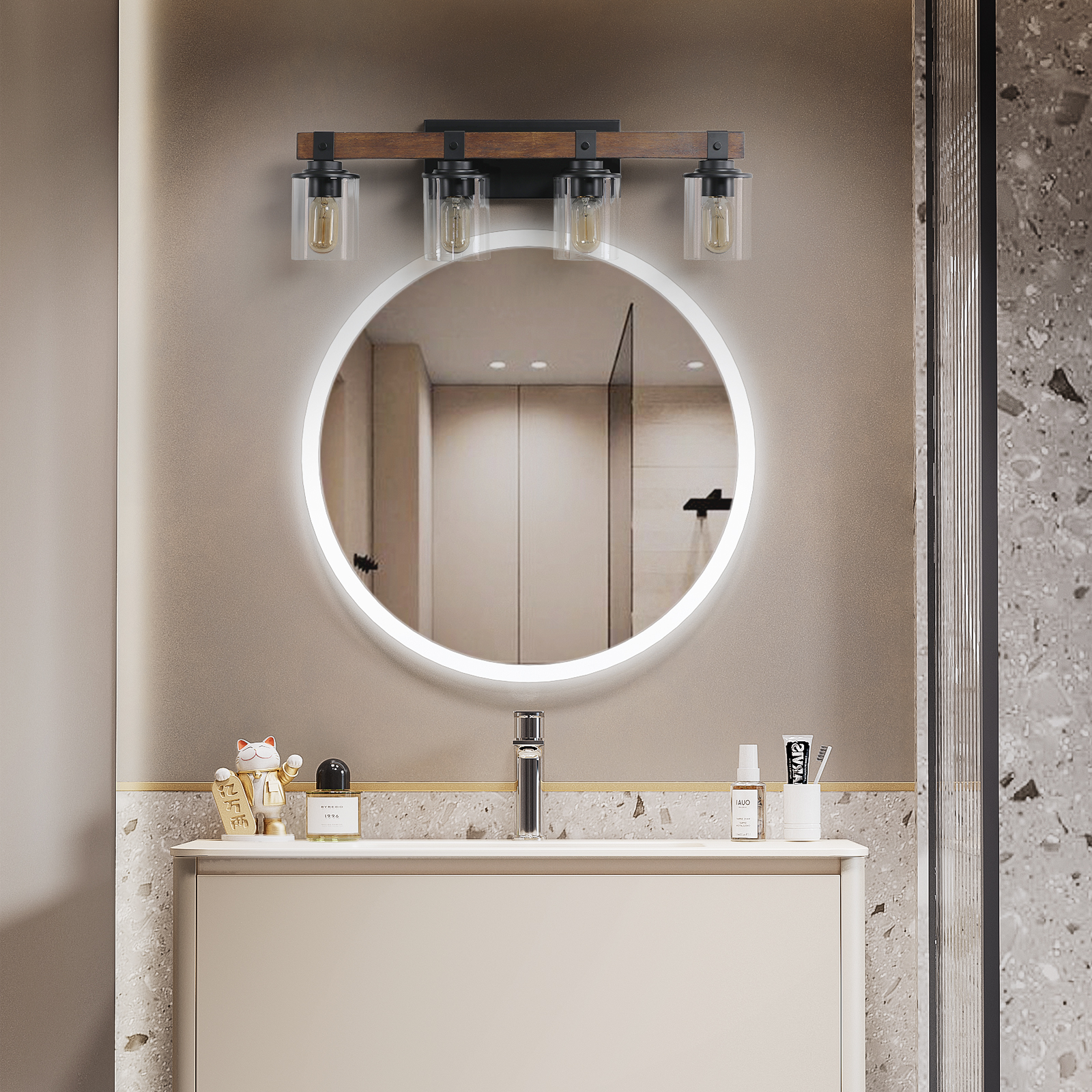 (Same as W1340119957/L1016) 27" Rustic 4-Light Vanity Light, Industrial Bathroom Wall Sconce with Glass Shades and Wood Accent, Modern Farmhouse Lighting Fixture (No Bulbs) - Image 3