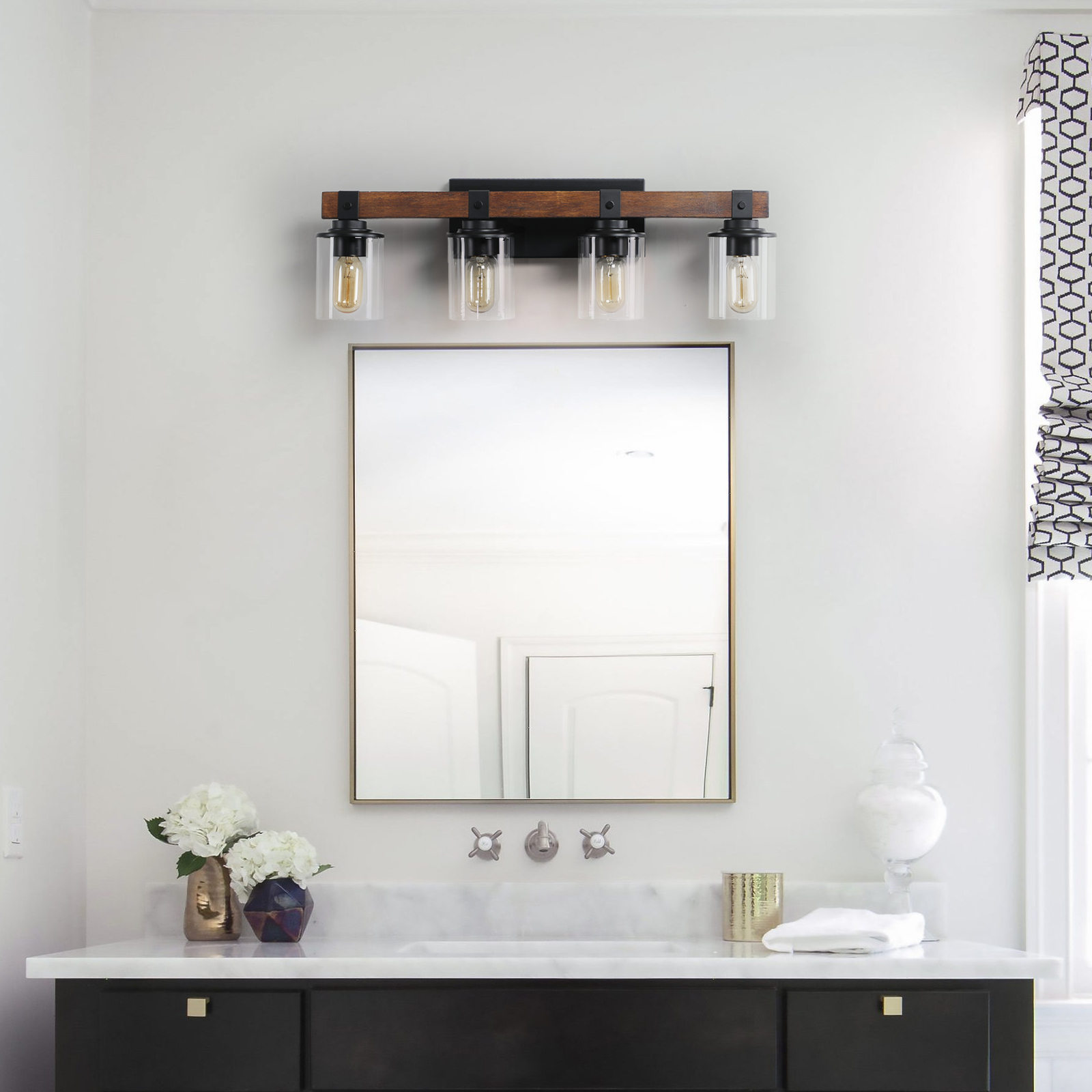 (Same as W1340119957/L1016) 27" Rustic 4-Light Vanity Light, Industrial Bathroom Wall Sconce with Glass Shades and Wood Accent, Modern Farmhouse Lighting Fixture (No Bulbs) - Image 2