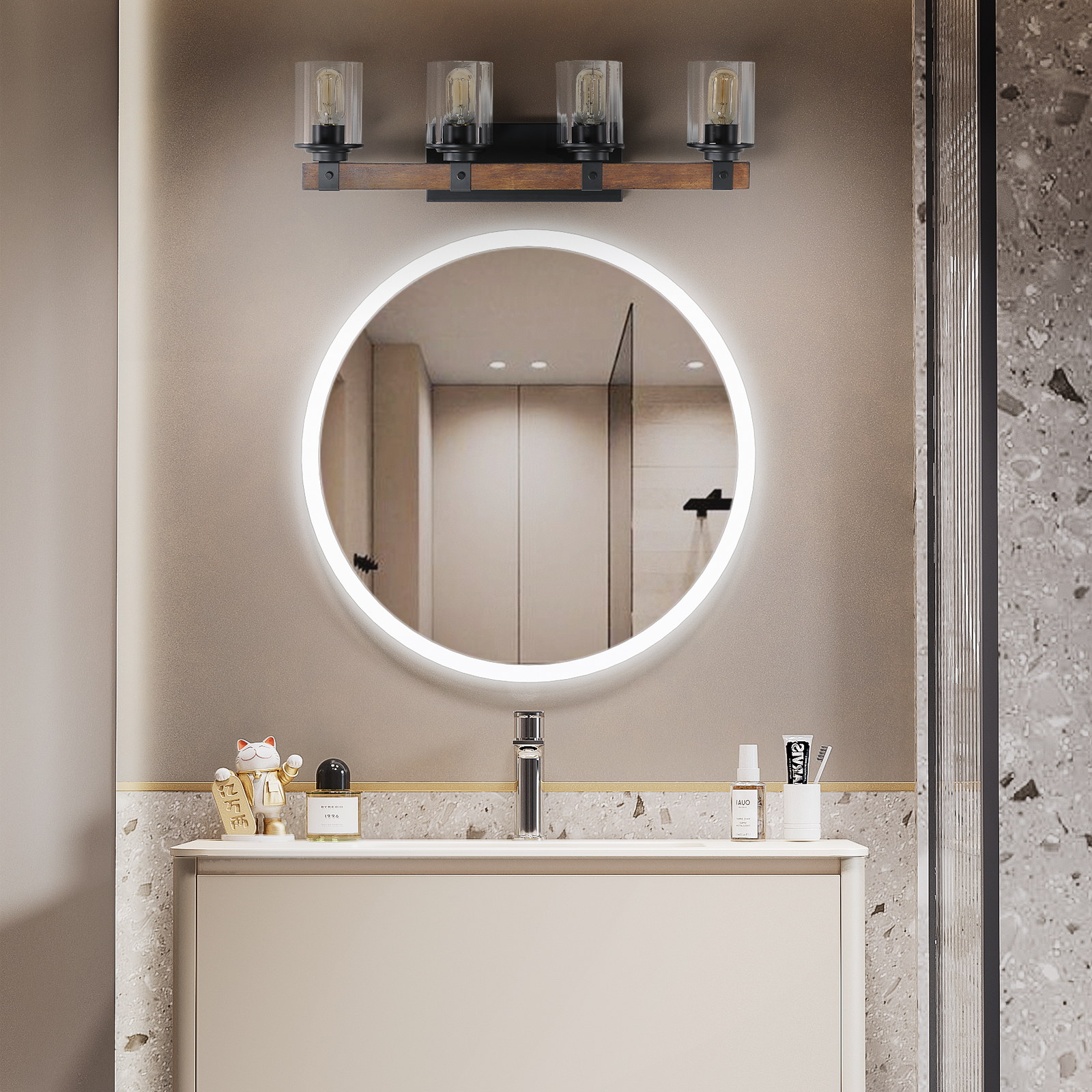 (Same as W1340119957/L1016) 27" Rustic 4-Light Vanity Light, Industrial Bathroom Wall Sconce with Glass Shades and Wood Accent, Modern Farmhouse Lighting Fixture (No Bulbs) - Image 4