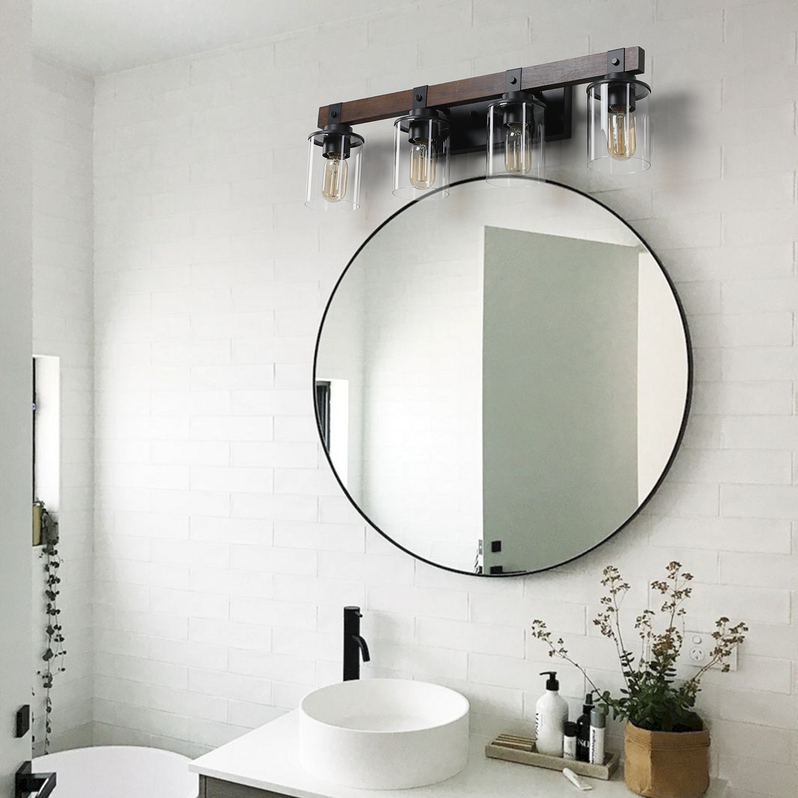 (Same as W1340119957/L1016) 27" Rustic 4-Light Vanity Light, Industrial Bathroom Wall Sconce with Glass Shades and Wood Accent, Modern Farmhouse Lighting Fixture (No Bulbs) - Image 5
