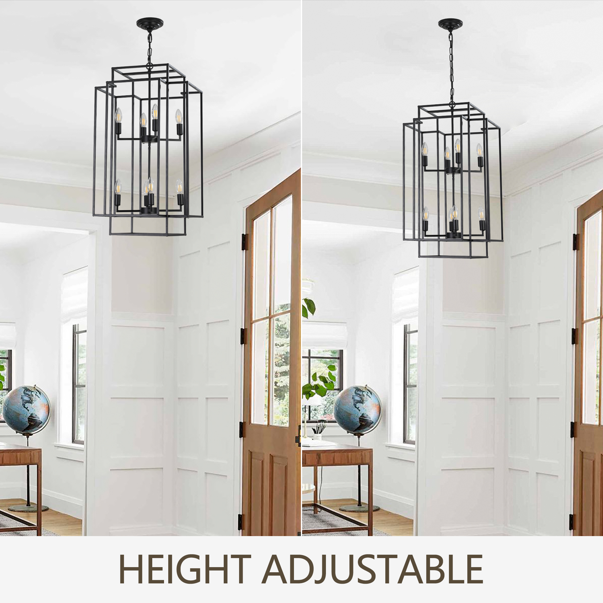 (Same as W1340142527/L1018-B) 18" Modern 8-Light Black Geometric Pendant Chandelier, Industrial Metal Frame, Adjustable Hanging Light for Living Room, Dining Room, Kitchen (No Bulbs) - Image 6